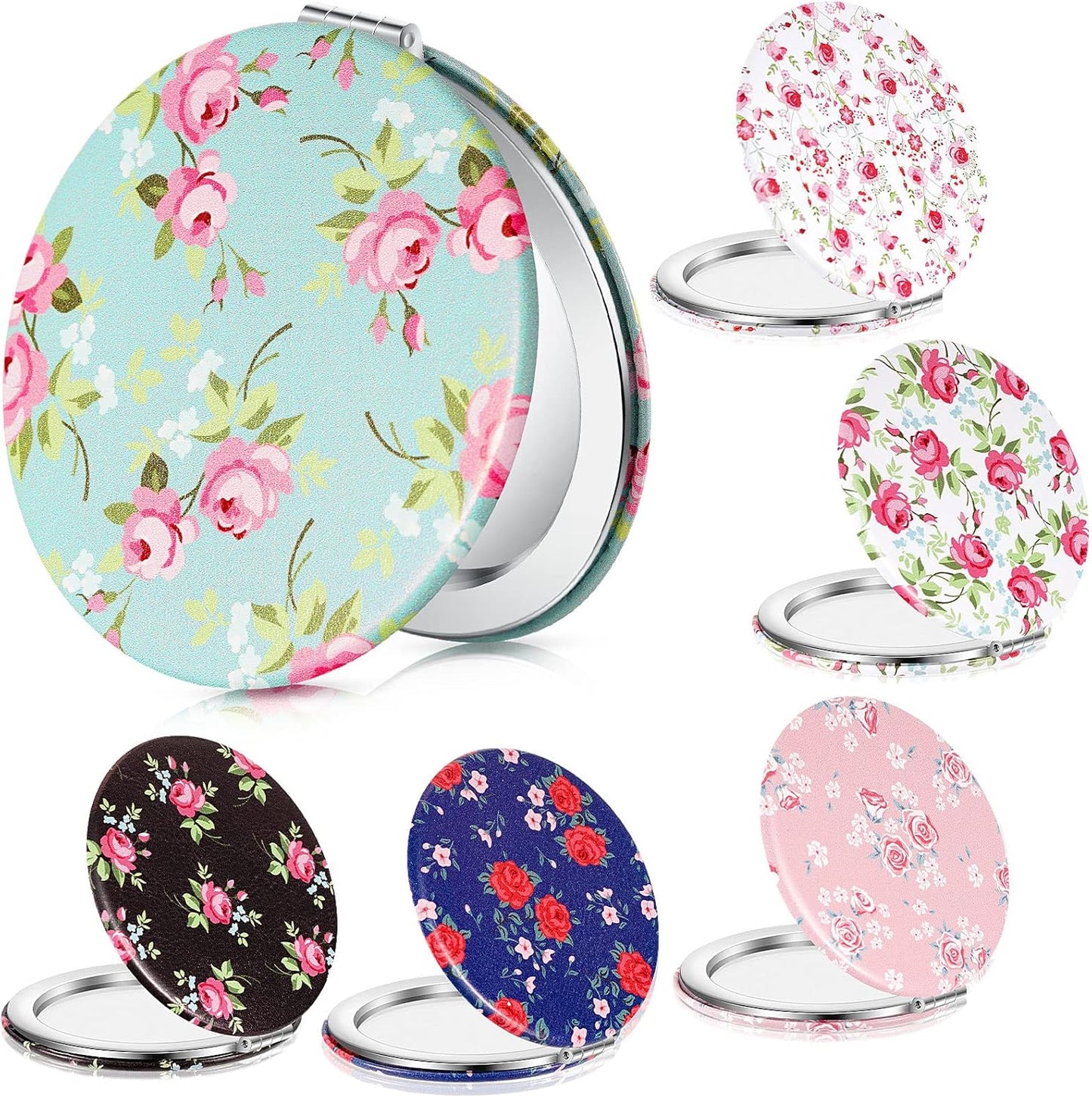 Vicenpal 6 Pieces Rose Pattern Pocket Mirrors for Women Small Mini Compact Mirror for Purse Magnifying Travel Makeup Portable Folding Small Looking Glass Gift for Students Teacher Friend