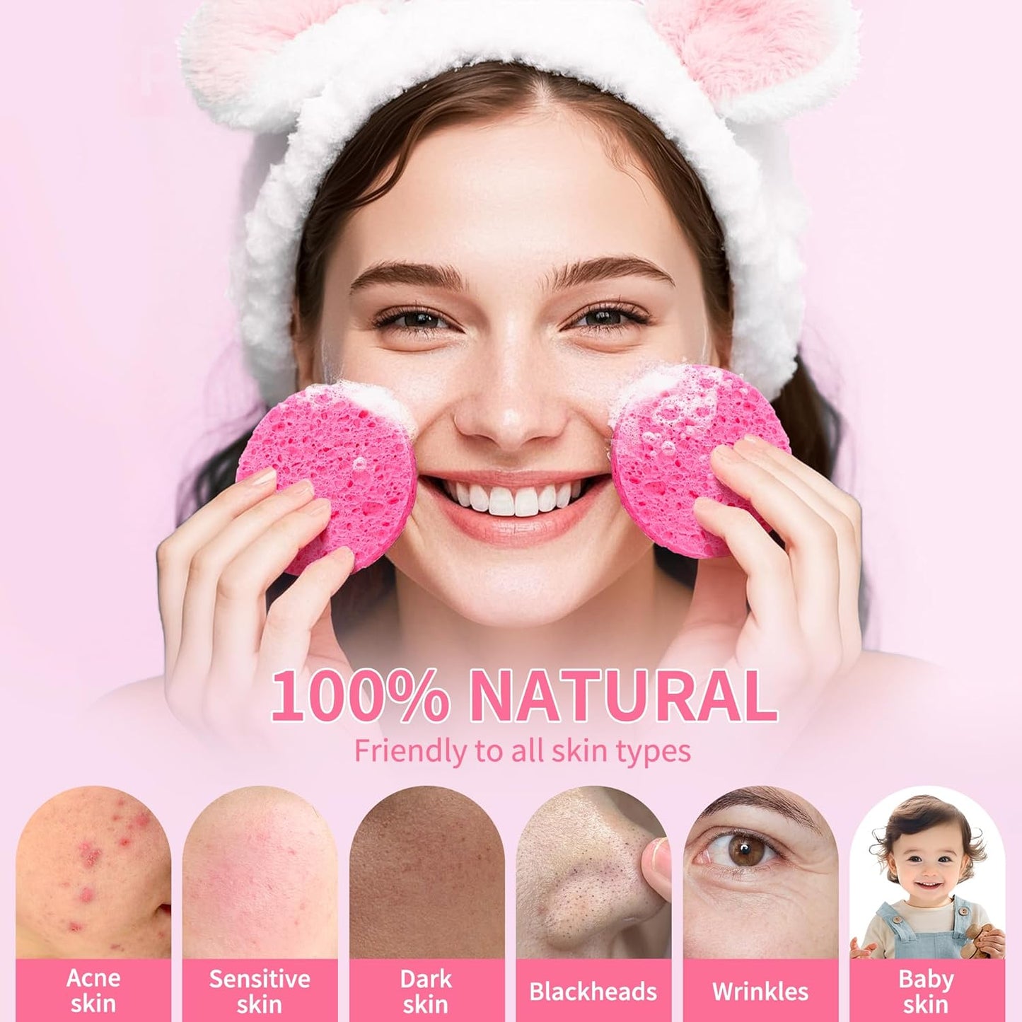 100-Count Compressed Facial Sponges, Natural Cellulose Face Sponges for Cleansing, Exfoliating, Washing face, Makeup Removal, and Spa Use - Travel Skincare Essentials for women