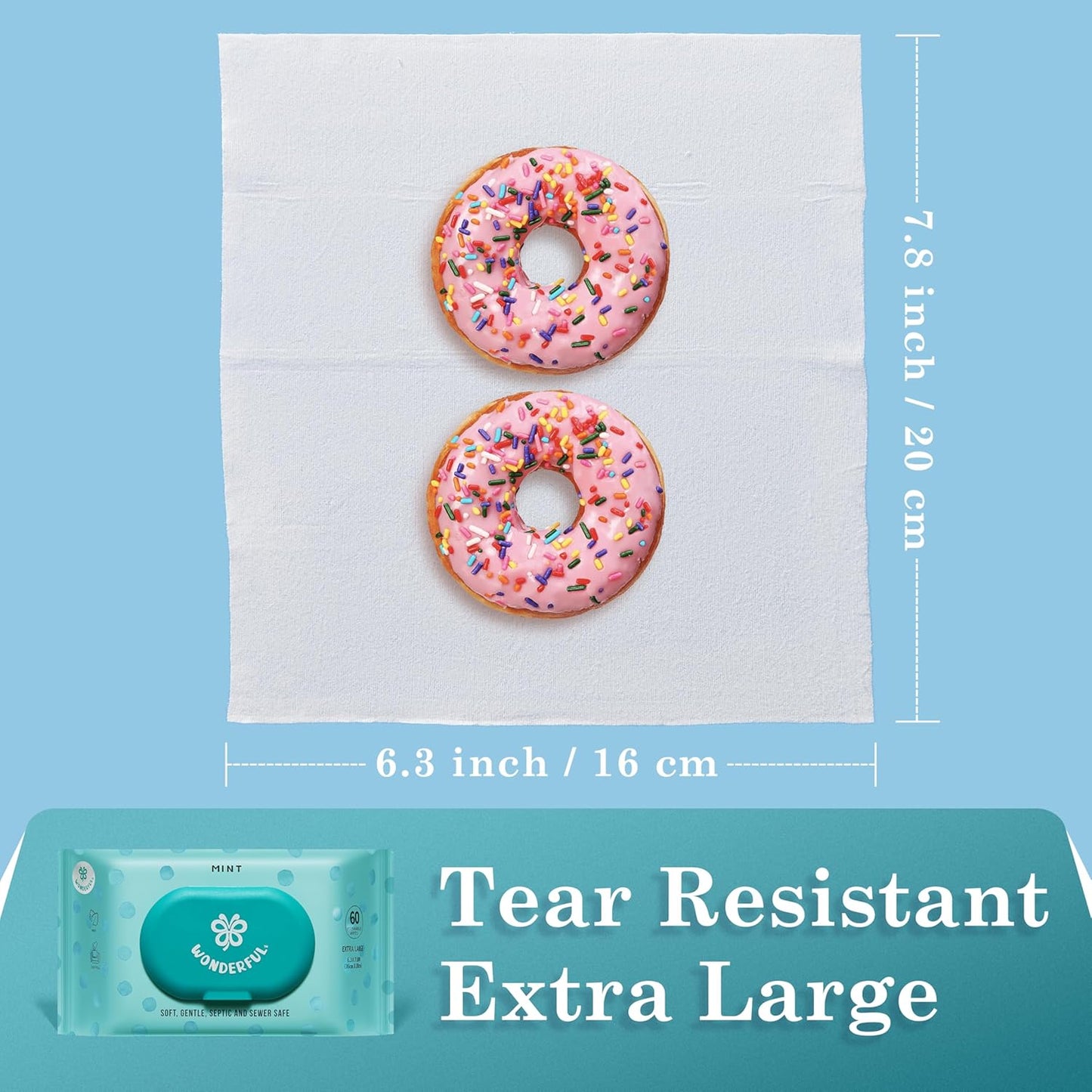 WONDERFUL Flushable Wipes, Mint 100% Plant-Based Wet Butt Wipe for Adults & Kids, Sewer Septic Safe, Gentle for Sensitive Skin, Wipes Flushable Pack for Bathroom & Travel, 6-Pack (360 Counts)