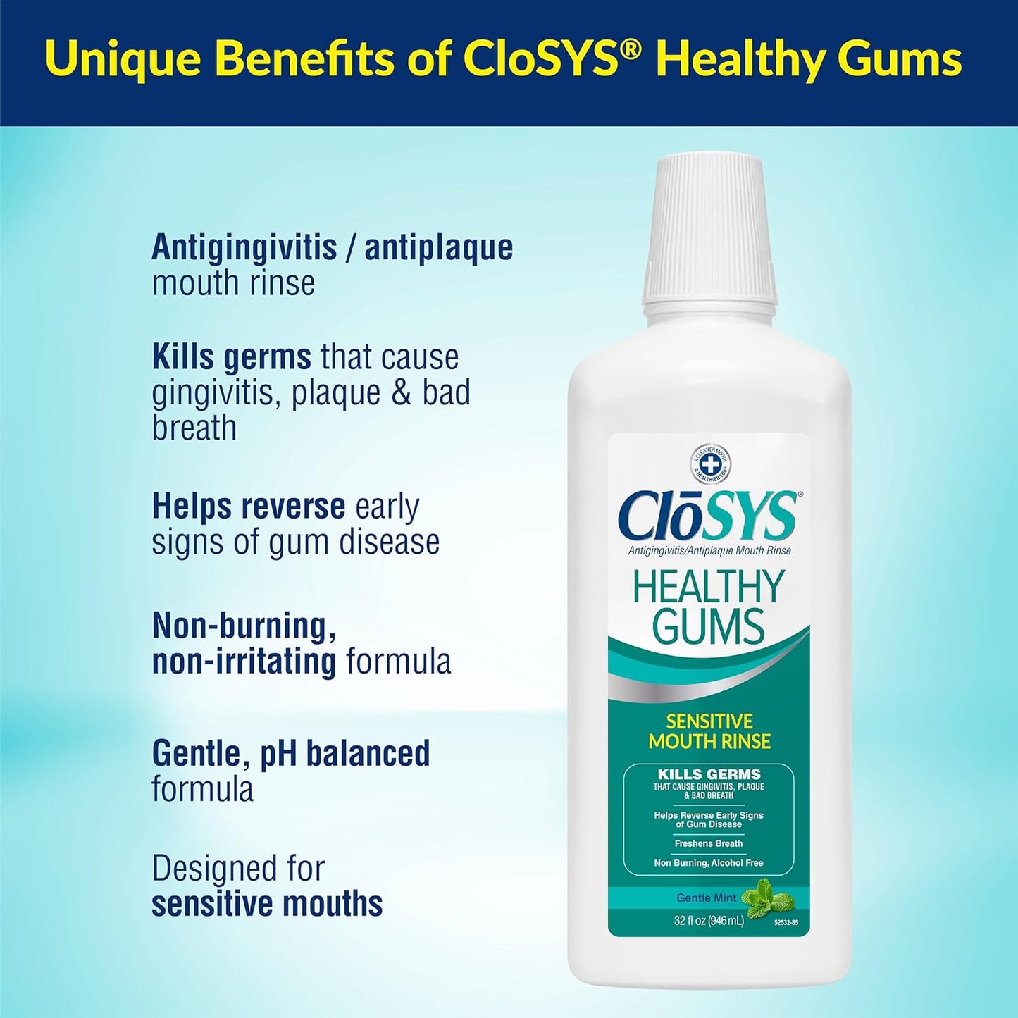 CloSYS Healthy Gums Mouthwash 32 Fl Oz, Pack of 3, Antiplaque, Anti-Gingivitis Mouthwash, Non-Burning, Non-Irritating