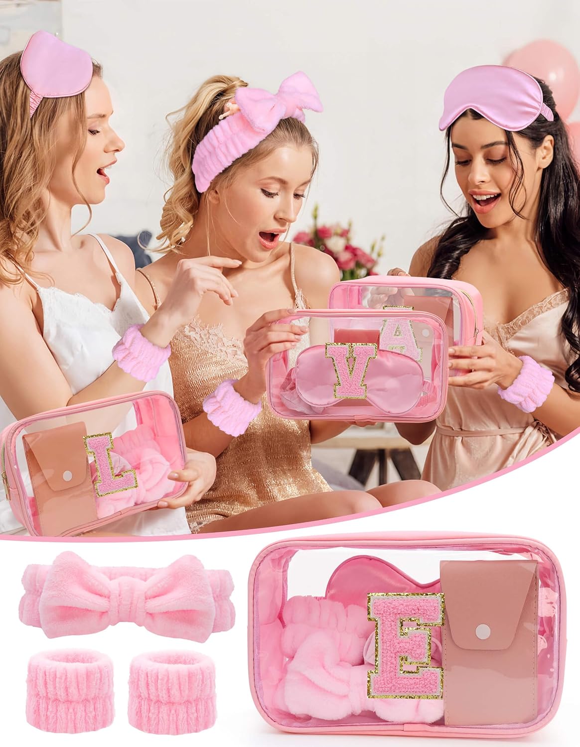 Gift Sets for Women, Initial Makeup Bag with Makeup Brush Set Bachelorette Party Favors, Pink Spa Kit with Skincare Headbands Wrist Bands Sleepover Party Supplies Gifts for Teen Girls Bridesmaid E
