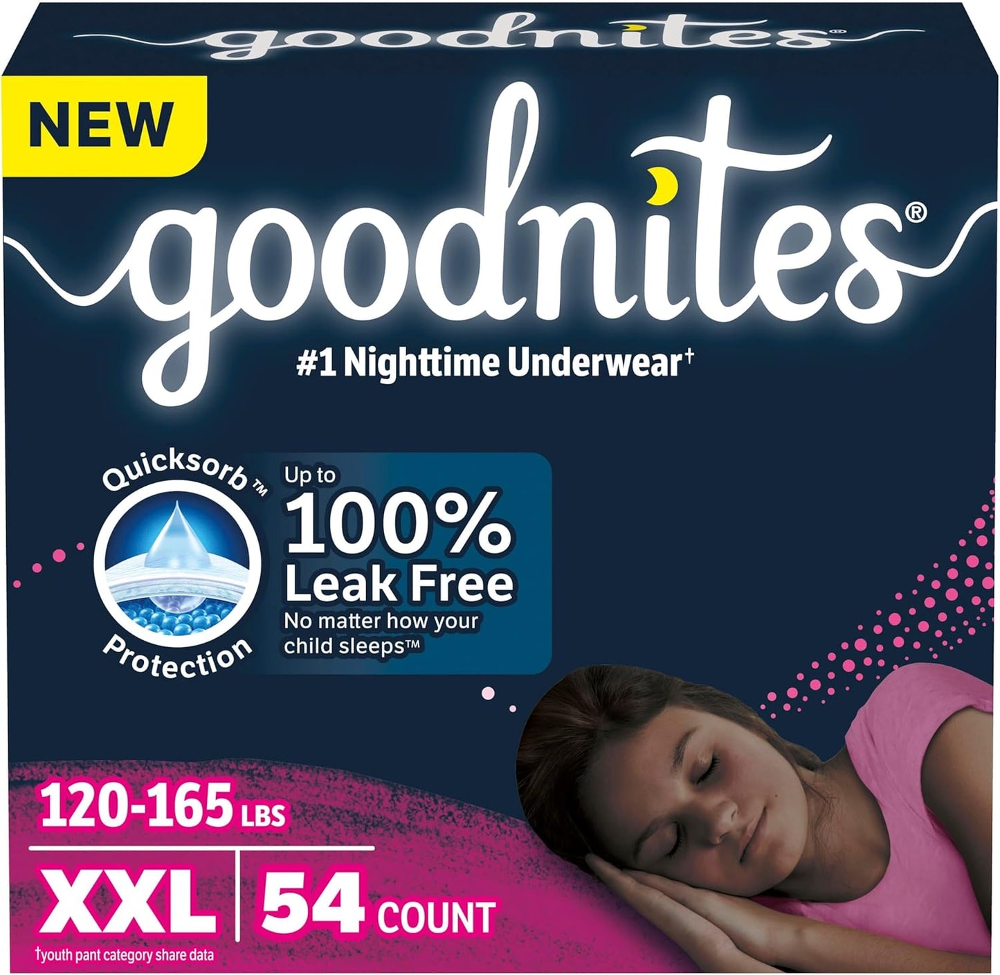 Goodnites Girls' Nighttime Underwear, Size XXL (120-165 lbs), 54 Ct, Packaging May Vary