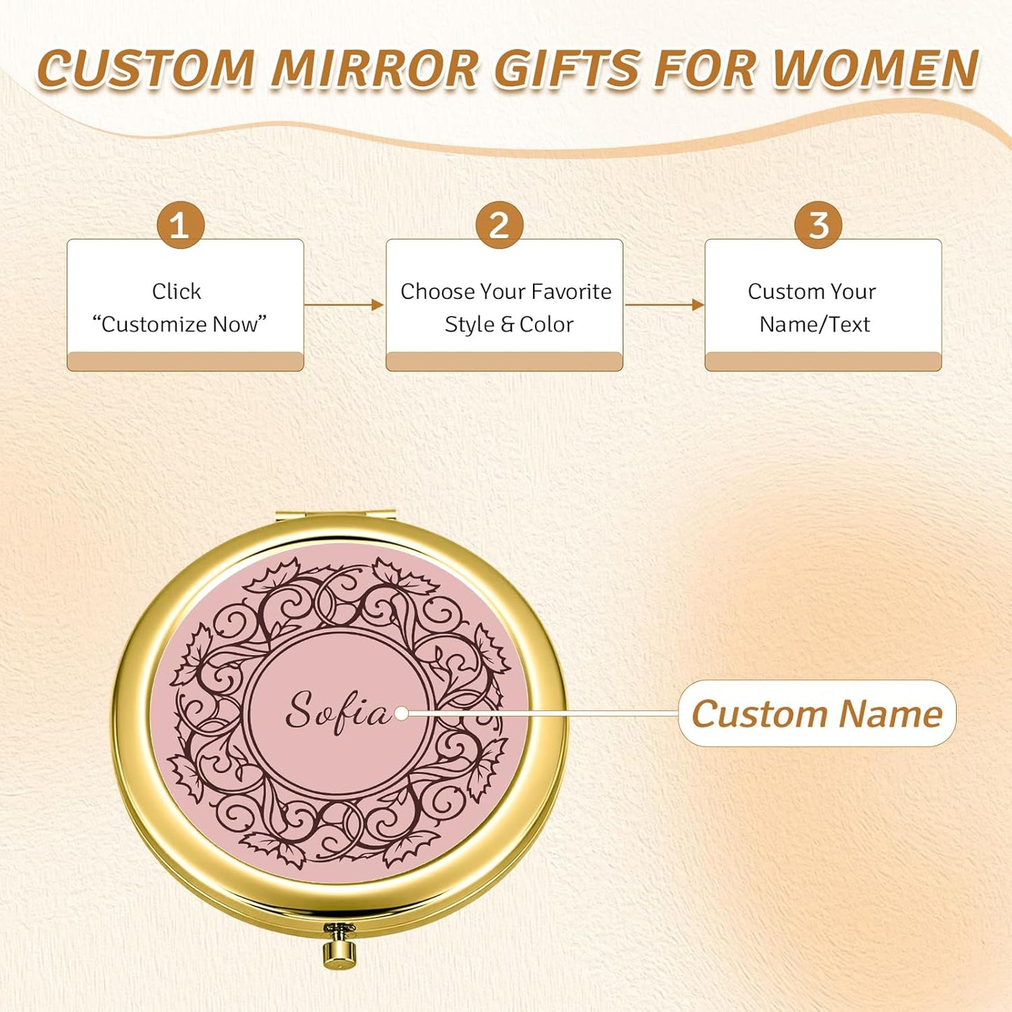 Custom Compact Mirror with Name - Personalized Flip Makeup Travel Pocket Mirror Gift for Women Bridesmaids Wedding Birthday (Beautiful Line)