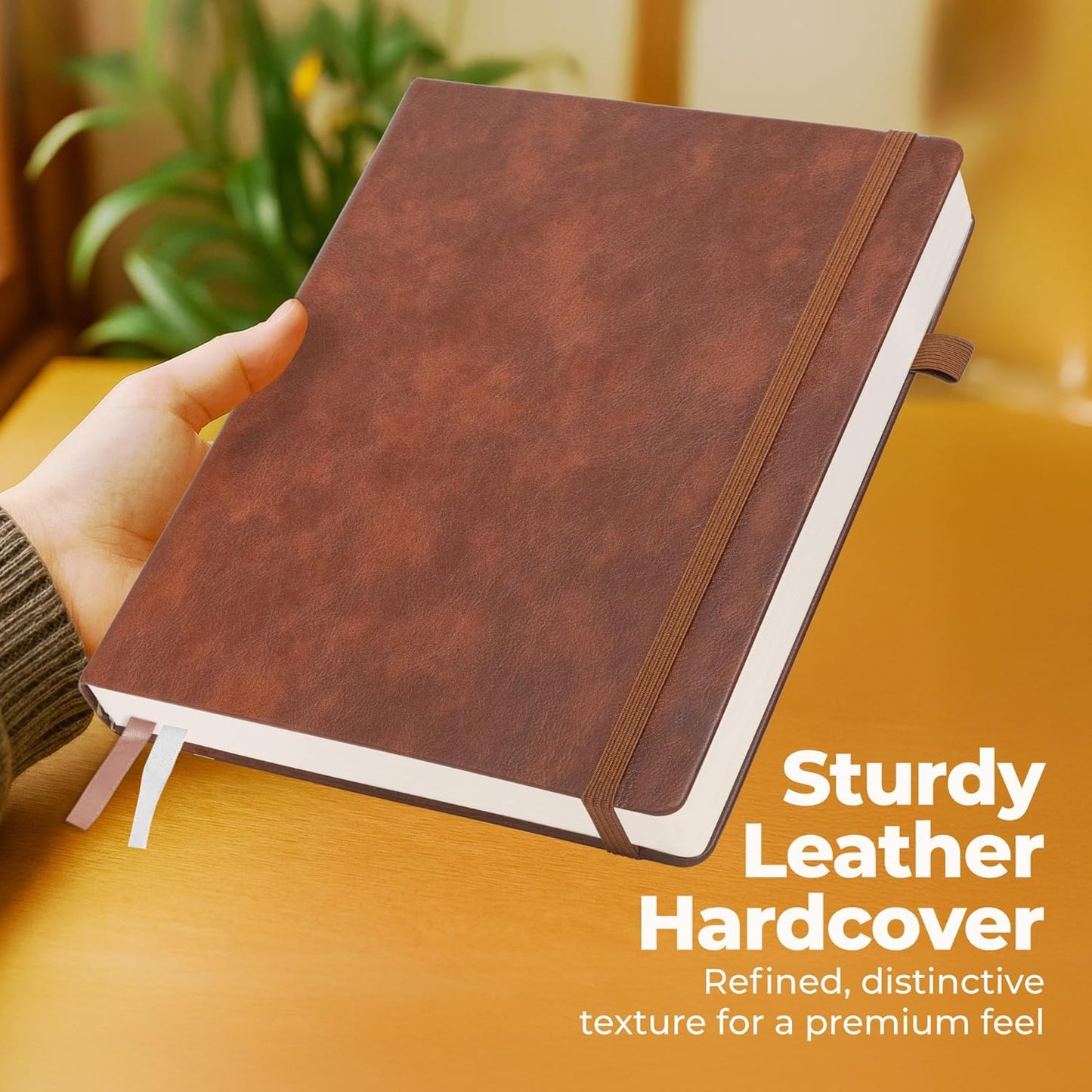 Thick Lined Journal Notebook 8.5x11" with Big A4 Hardcover Leather - Brown - 300 Pages College Ruled Large with Sticky Tabs, Pockets, and Pen Loop for Writing and Journaling - Hardback Men and Women