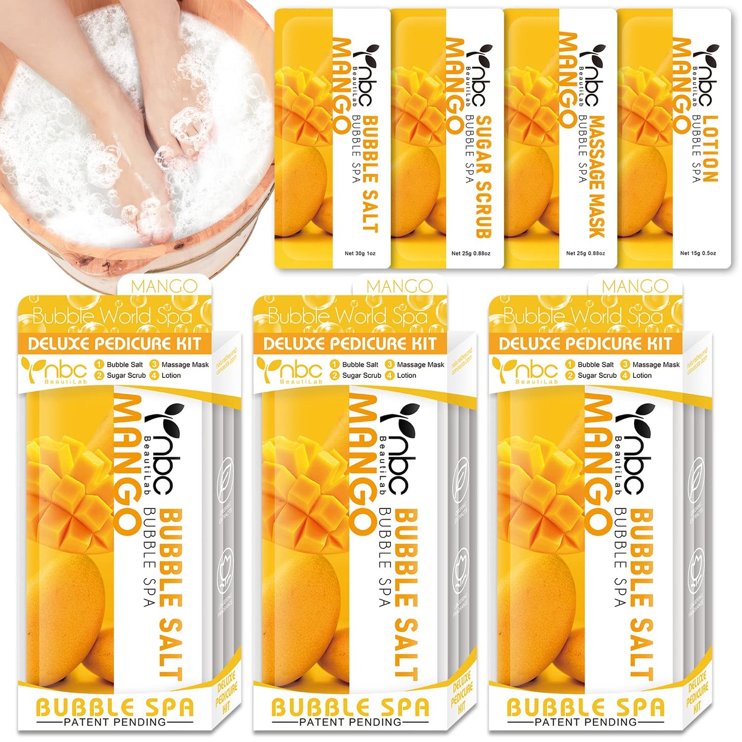 Pedicure Kit Foot Soak Set: Bubble Salt, Sugar Scrub, Massage Mask, Massage Lotion in a Box, 4 Step Foot Spa Kit for Dry Feet,Tired Feet(3 Set Mango)