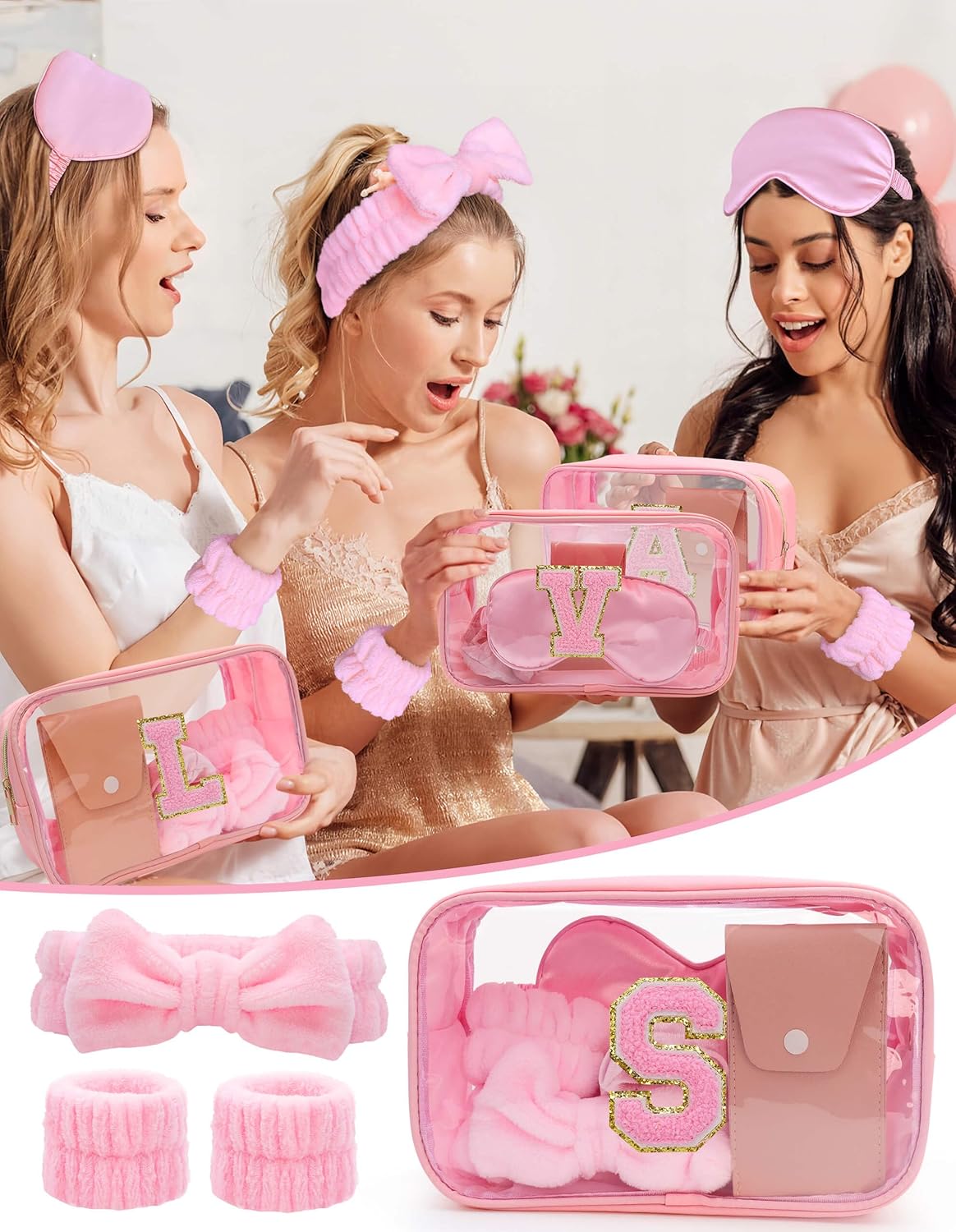 Gift Sets for Women, Initial Makeup Bag with Makeup Brush Set Bachelorette Party Favors, Pink Spa Kit with Skincare Headbands Wrist Bands Sleepover Party Supplies Gifts for Teen Girls Bridesmaid S