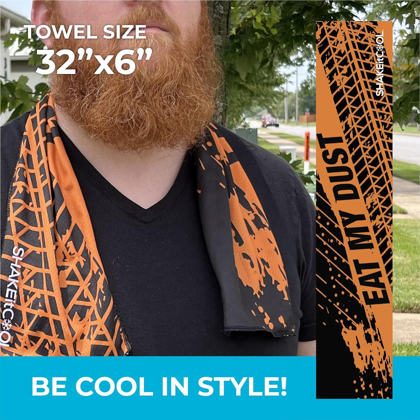 SHAKEitCOOL Original Cooling Towel – Be Cool in Style - Heat Relief, Soft, Lightweight, Sun Protection, Easy Clean - Perfect for Biking, Running, Yoga, Gym, Gardening - Eat My Dust