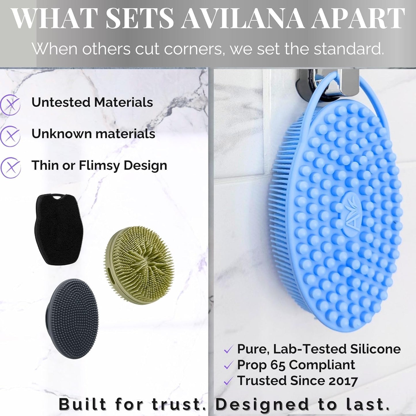 Avilana Silicone Body Scrubber - Food Grade & Lab Tested, Gentle Exfoliating Shower Brush for All Skin Types, Hygienic Quick-Dry Loofah Alternative (Marbled, Massage-Silver)