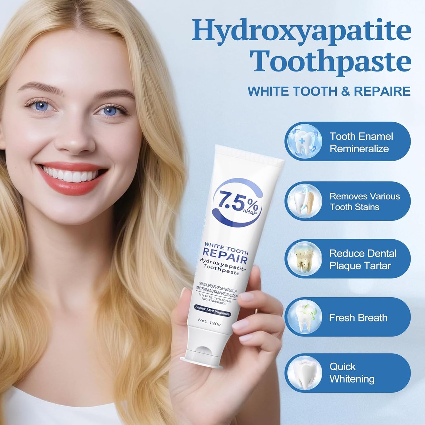 Hydroxyapatite Toothpaste, Nano Hydroxyapatite Toothpaste for Enamel Protection and Tooth Strengthening, Fresh Mint Flavor, Promotes Fresh Breath, Daily Use for Oral Health 2 Pack
