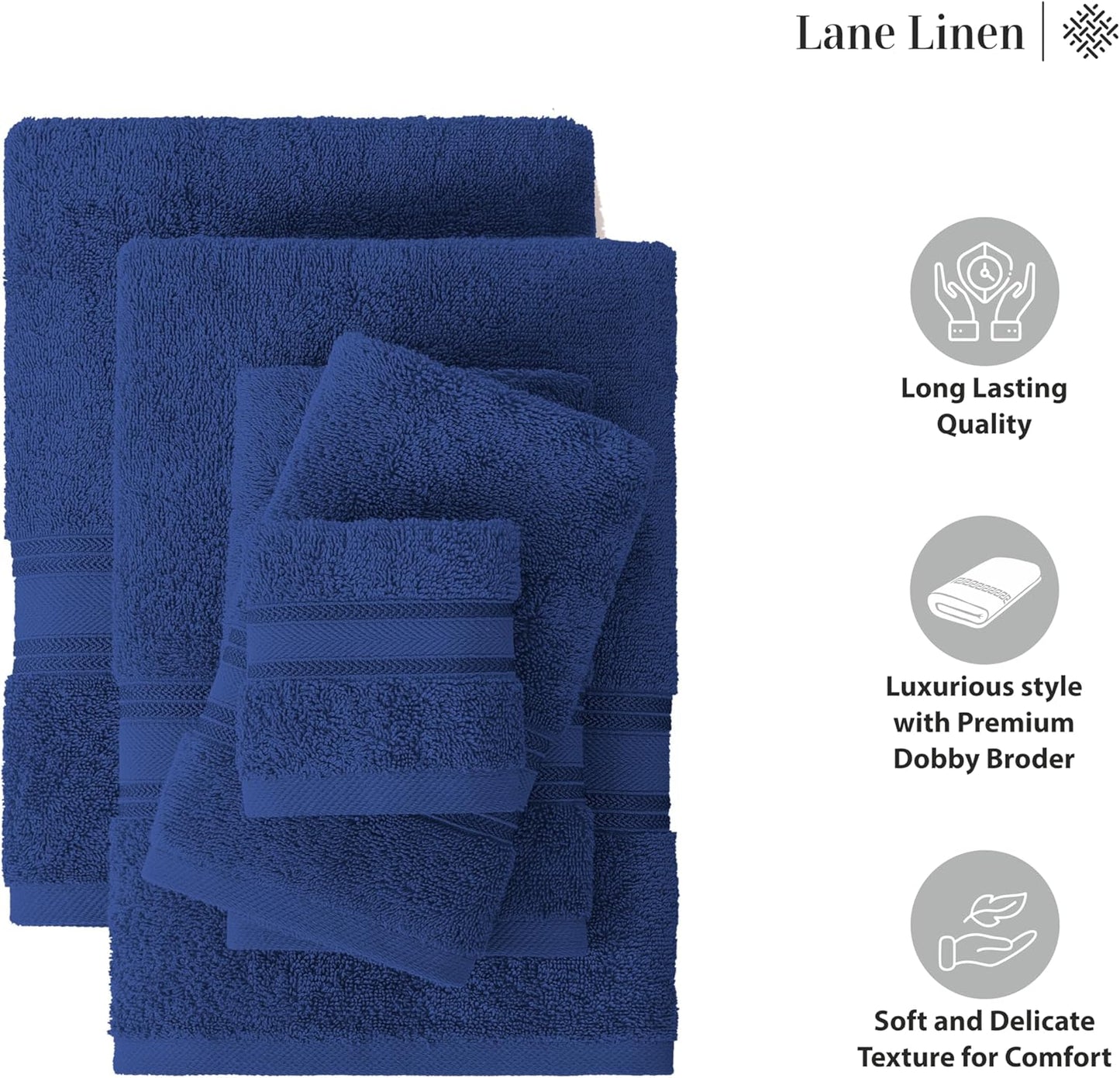 LANE LINEN Luxury Bath Towels Set - 6 Piece Set, 100% Cotton Bathroom Towel, Zero Twist, Quick Dry Shower Towels, Extra Soft Absorbent Towel, 2 Bath Towels, 2 Hand Towels, 2 Wash Cloths - Navy