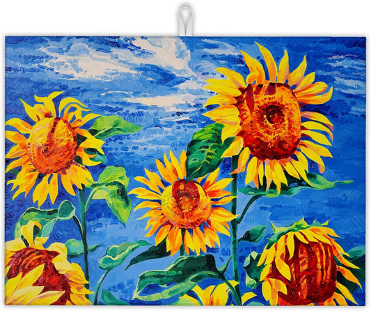Sunflowers Dish Drying Mat,Modern Art Drying Rack Pad Countertop Dishes Ultra Absorbent Microfiber Kitchen Counter Mat for Coffee Countertop Decor 18x24 Inch