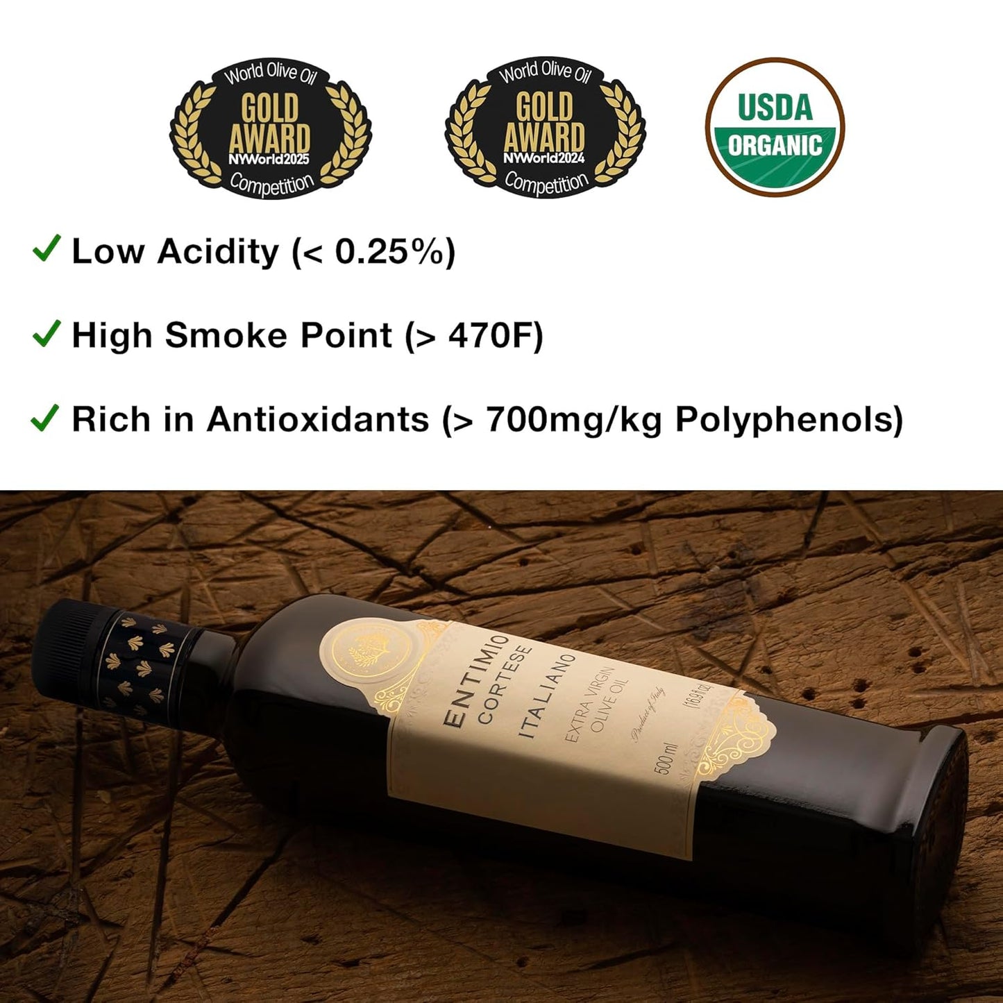 Entimio Cortese +700 mg/kg Polyphenol Rich Organic Extra Virgin Olive Oil, New 2024-2025 Early Harvest Italian Olive Oil from Tuscany, Italy, 2025 Gold Winner, Cold Extracted, Lab Tested - 16.9 fl oz