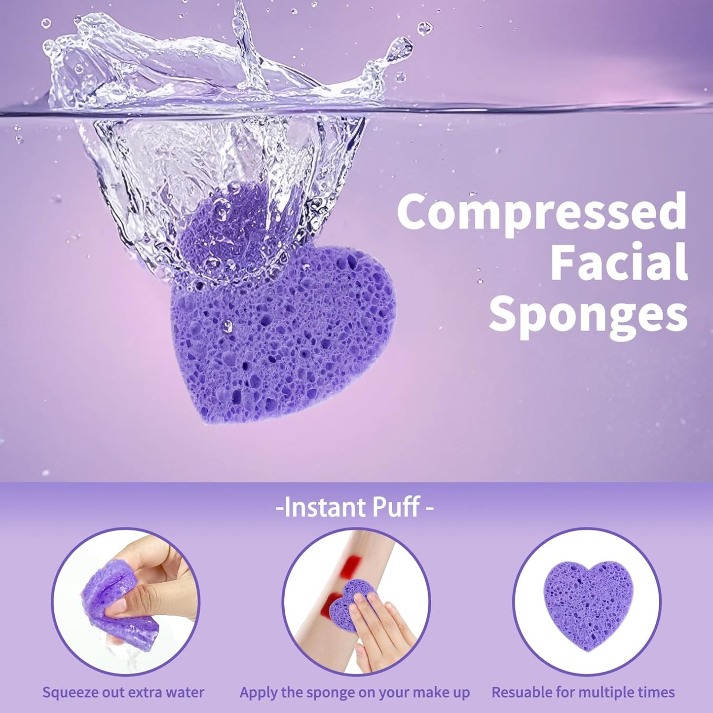 100-Count Compressed Facial Sponges, Heart Shape Face Sponge for Cleansing, Natural Cosmetic Spa Sponges for Facial Cleansing, Exfoliating Mask (Purple Heart Sponges)