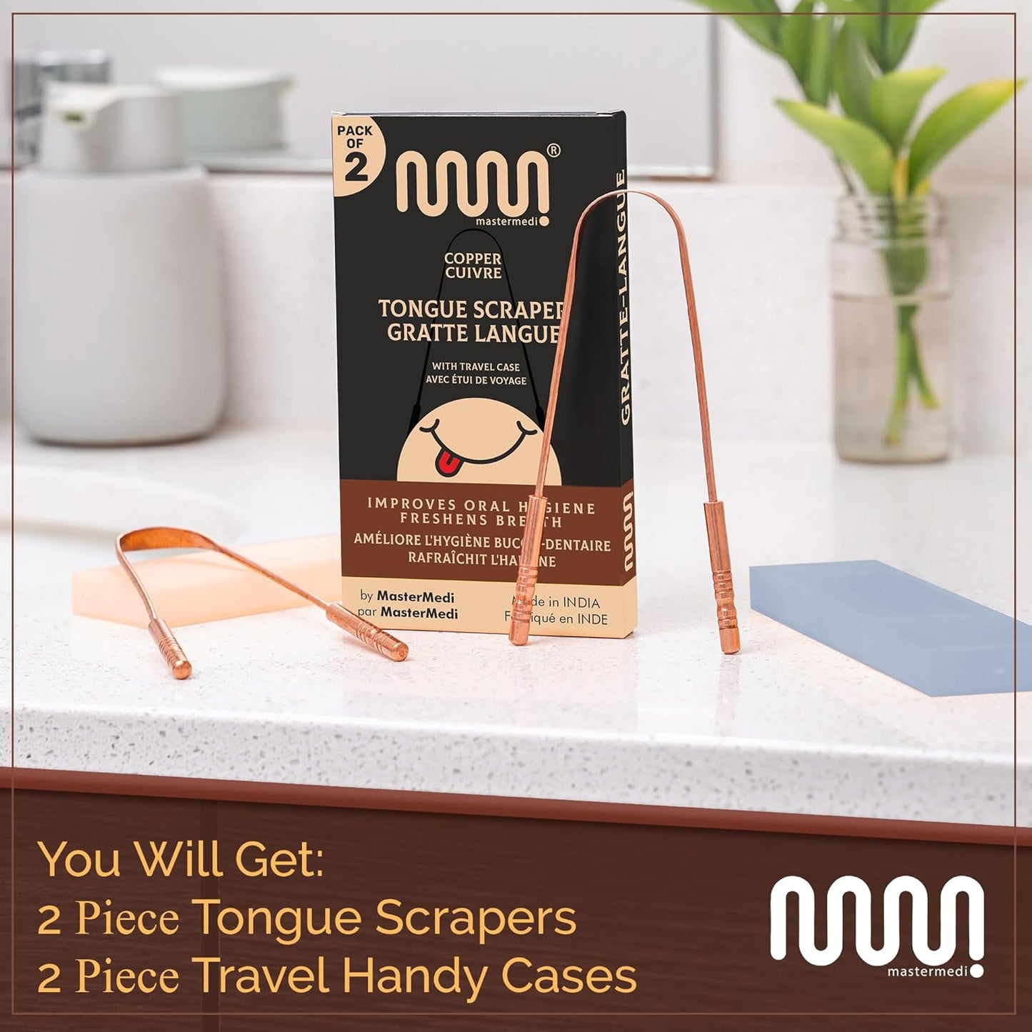 MasterMedi Tongue Scraper with Case Easy to Use Tongue Scraper for Adults, Tongue Cleaner for Oral Care & Hygiene Copper Set of 2 (with Travel Case)