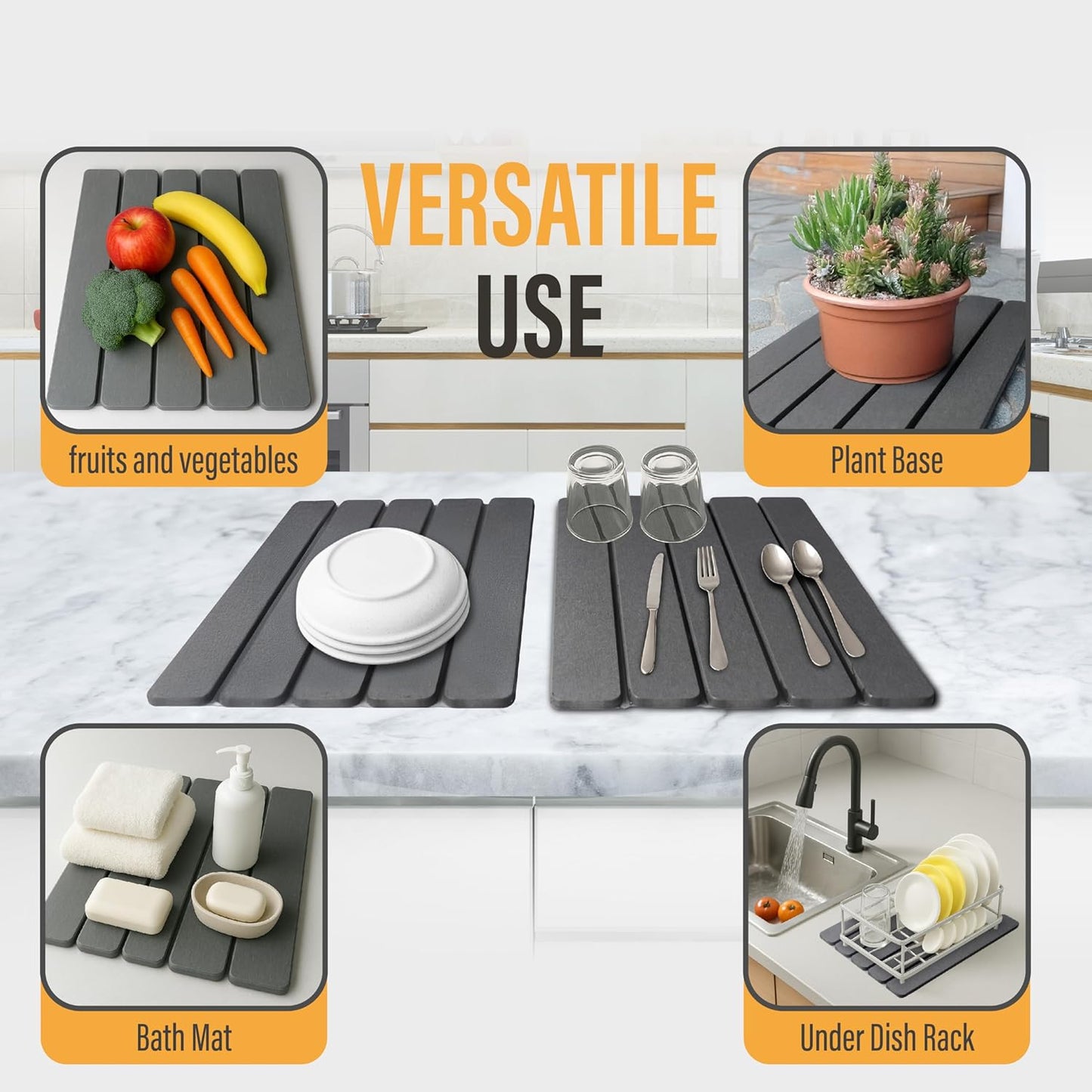 Large Foldable Stone Dish Drying Mat – Diatomaceous Earth, 12"x16" Each or 24"x16" Combined – Fast Dry, Anti-Slip Pad, Sanding Tool & Instruction Manual for Kitchen, Bathroom or RV (2-Pack)