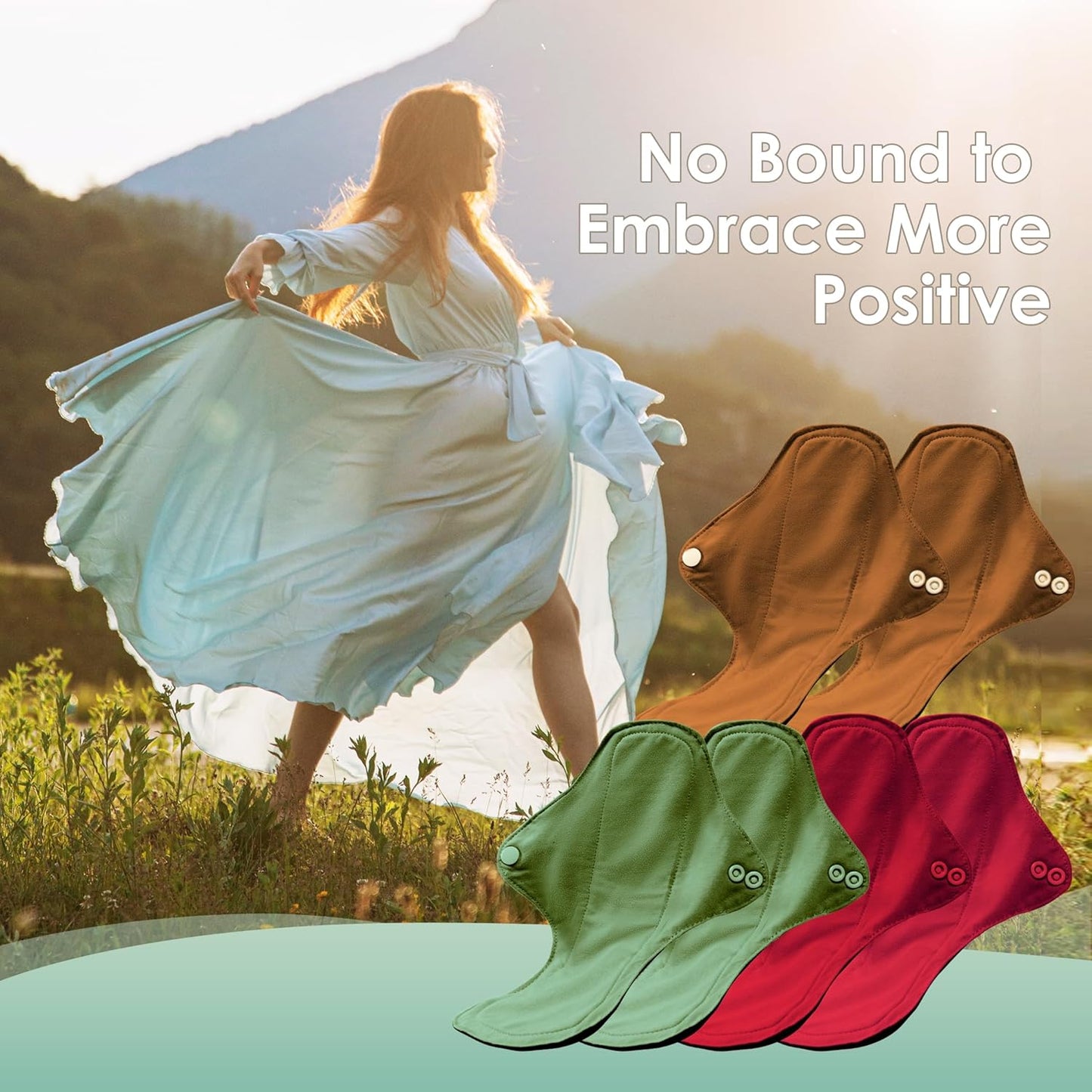 wegreeco 6 Pcs Reusable Menstrual Pads, Ultra Absorbent Cloth Pads for Light/Heavy Flow, Sanitary for Teens, Women, Nonslip Panty Liners + Bag (Aqua, Burgundy, Coffee, L)