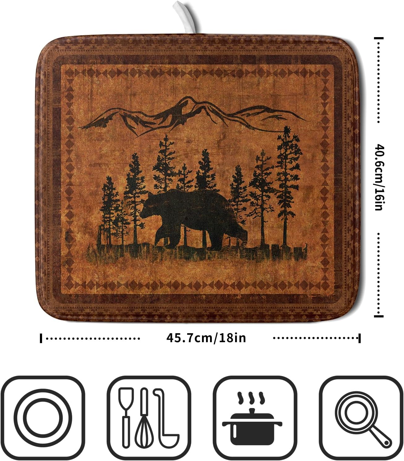Forest Bear Dish Drying Mat 16x18 Inch Rustic Cabin Washable Microfiber Absorbent Dishes Drainer Rack Pad for Kitchen Counter Home Decor