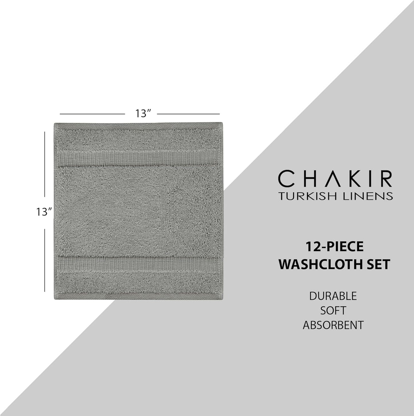 Chakir Turkish Linens | Hotel & Spa Quality 100% Cotton Premium Turkish Towels | Soft & Absorbent (12-Piece Washcloths, Gray)