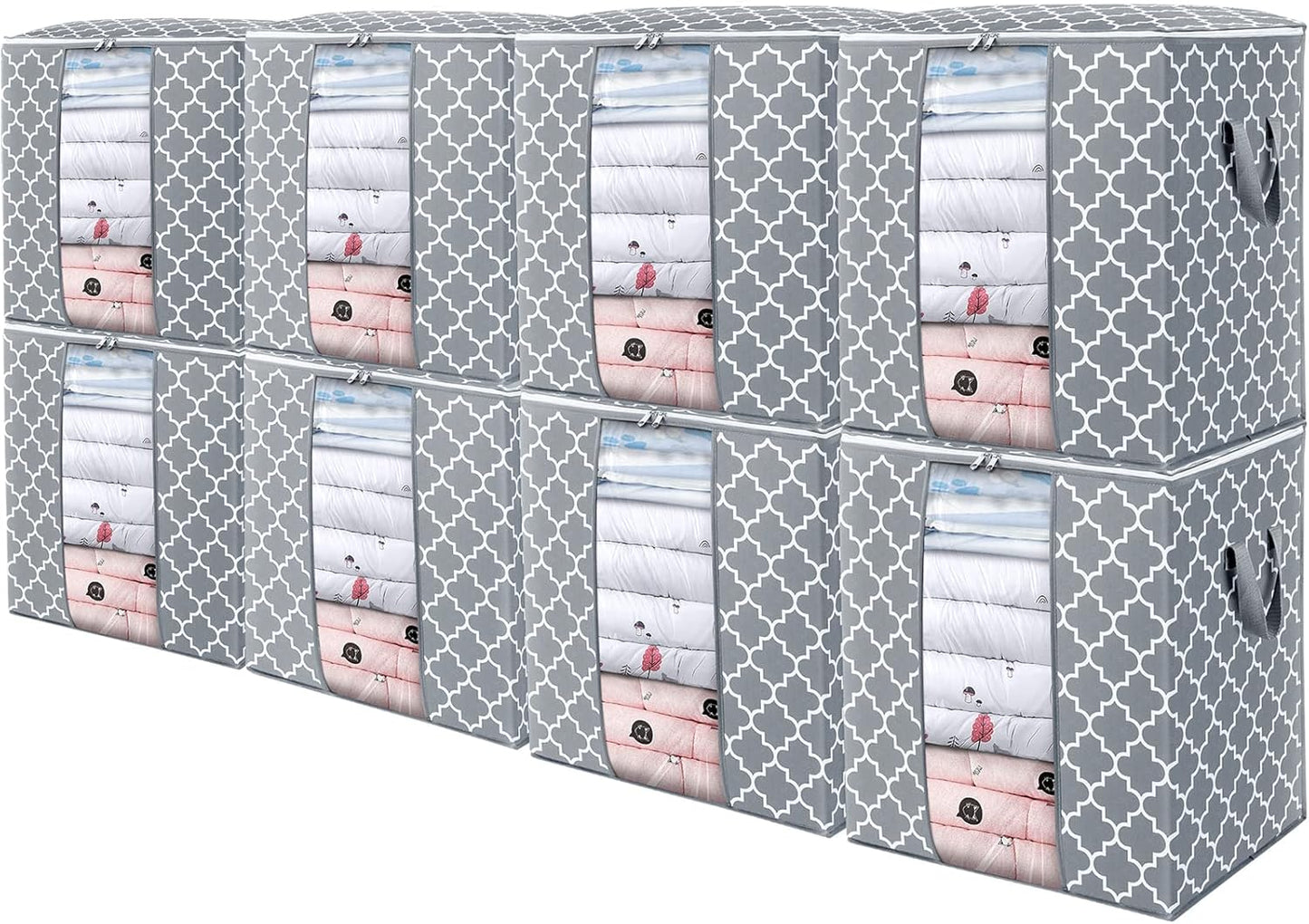 WISELIFE Storage Bags 8 Pack/100L Large Blanket Clothes Organization and Storage Containers for Comforters,Bedding, Foldable Organizer with Reinforced Handle, Clear Window, Sturdy Zippers,Light Gray