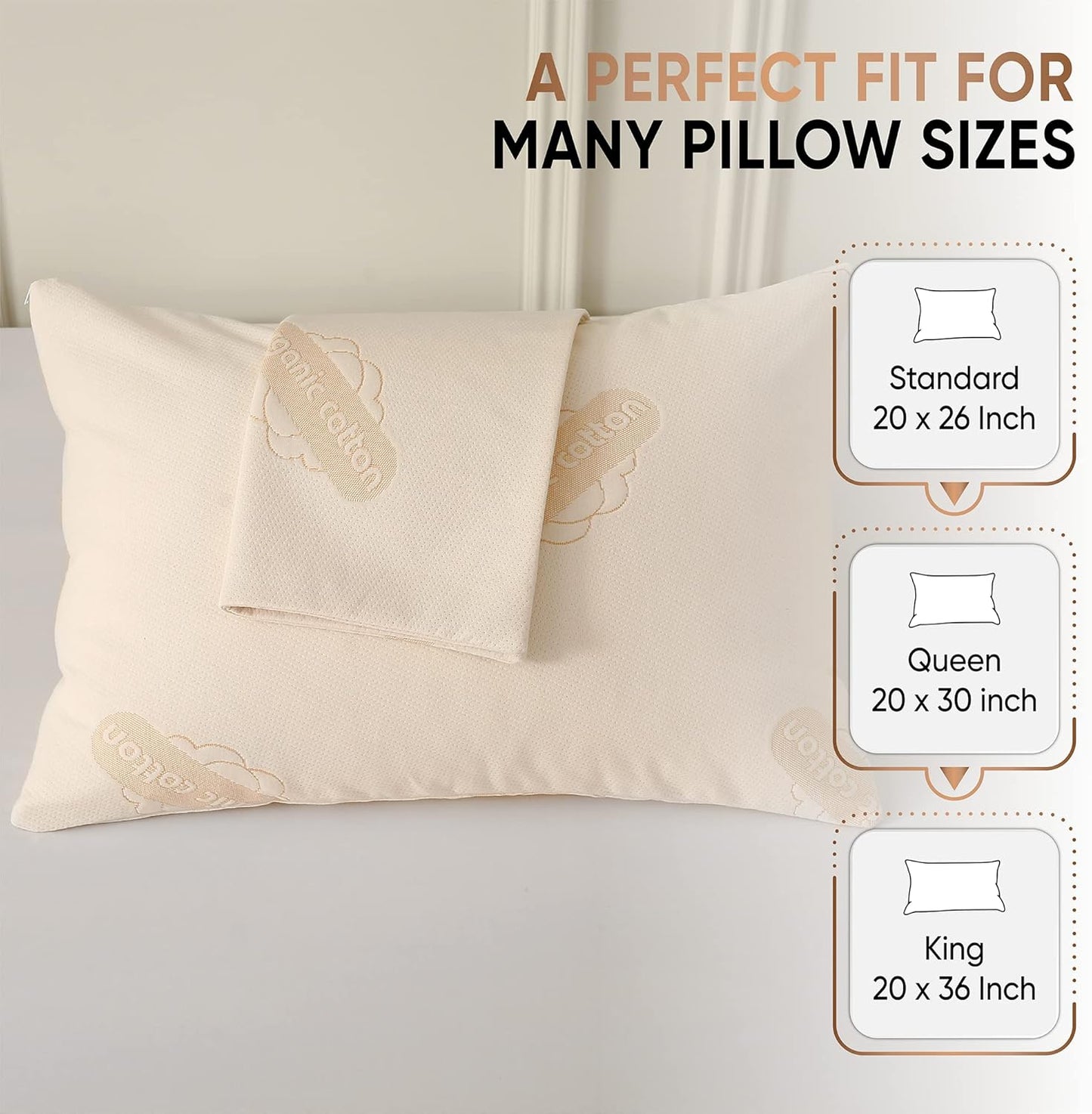 2-Pack Deluxe Organic Cotton Pillow Protectors - Standard - Certified Organic, Waterproof, Zippered Encasement, Soft Knit Fabric, Thick 280 GSM Cotton