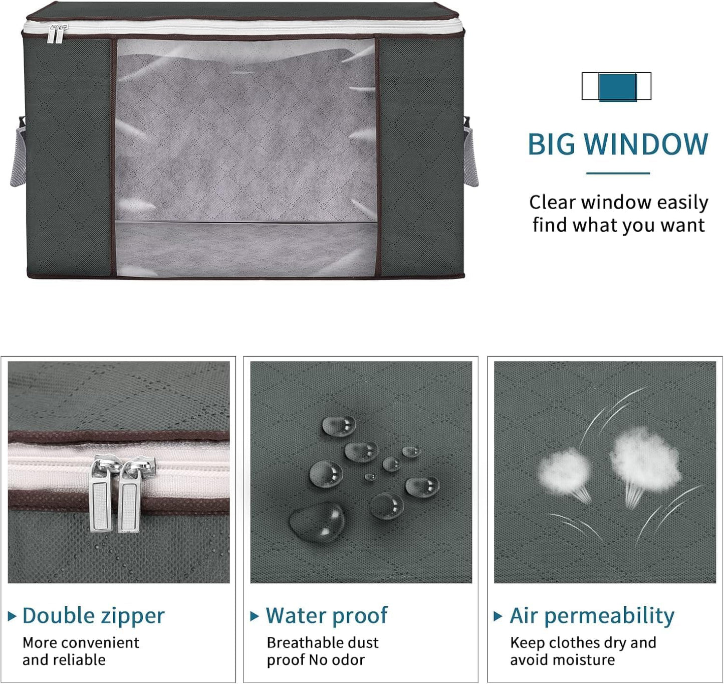 Large Storage Bags, 3 Pack Clothes Storage Bins Foldable Closet Organizers Storage Containers with Durable Handles Thick Fabric for Blanket Comforter Clothing Bedding 90 L (Gray)