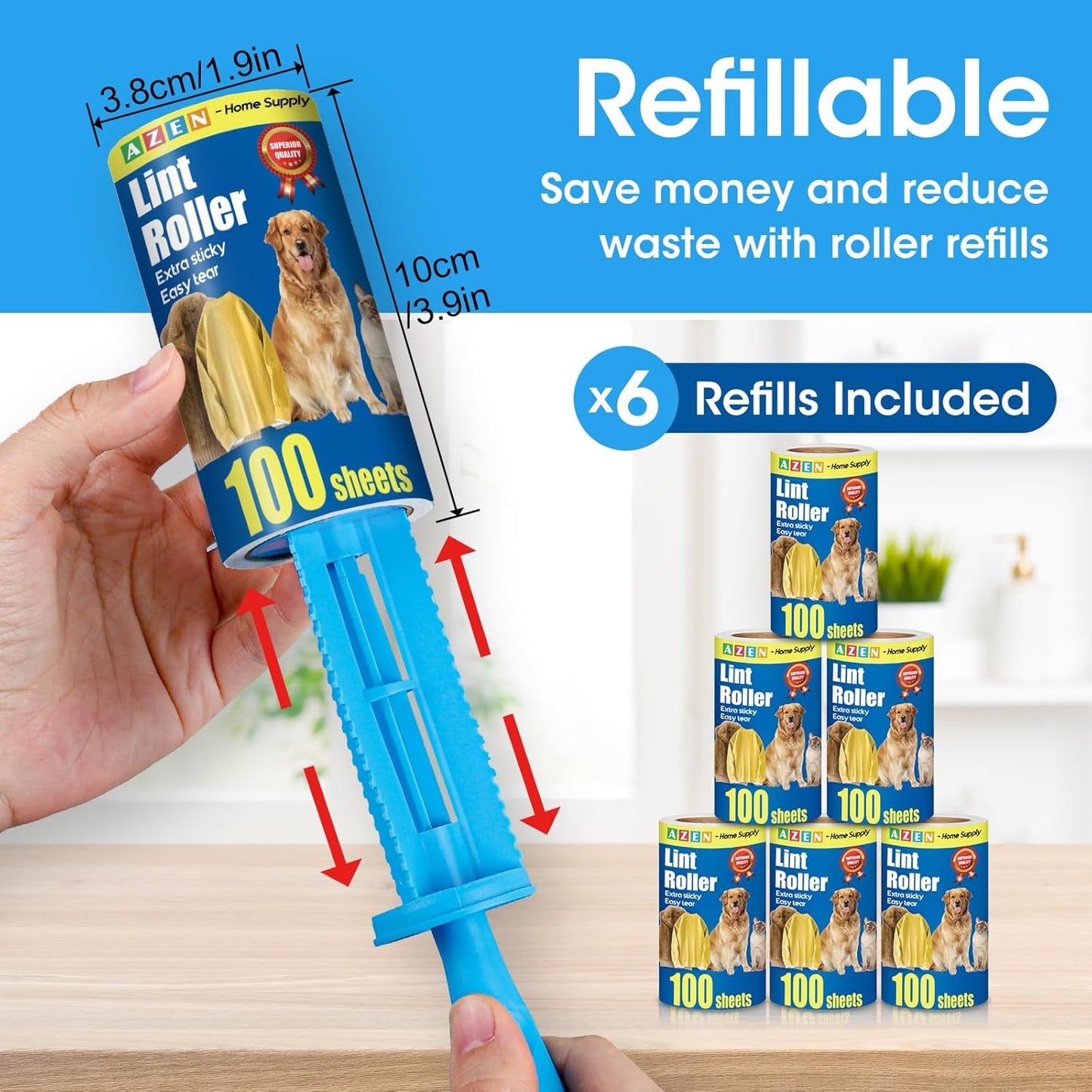 AZEN Lint Roller, Lint Rollers for Pet Hair Extra Sticky, 1200 Sheets Lint Roller with 6 Upgraded Handles, 12 Roller Portable Lint Remover for Clothes, Pet Hair Remover, Lint Rollers for Clothes