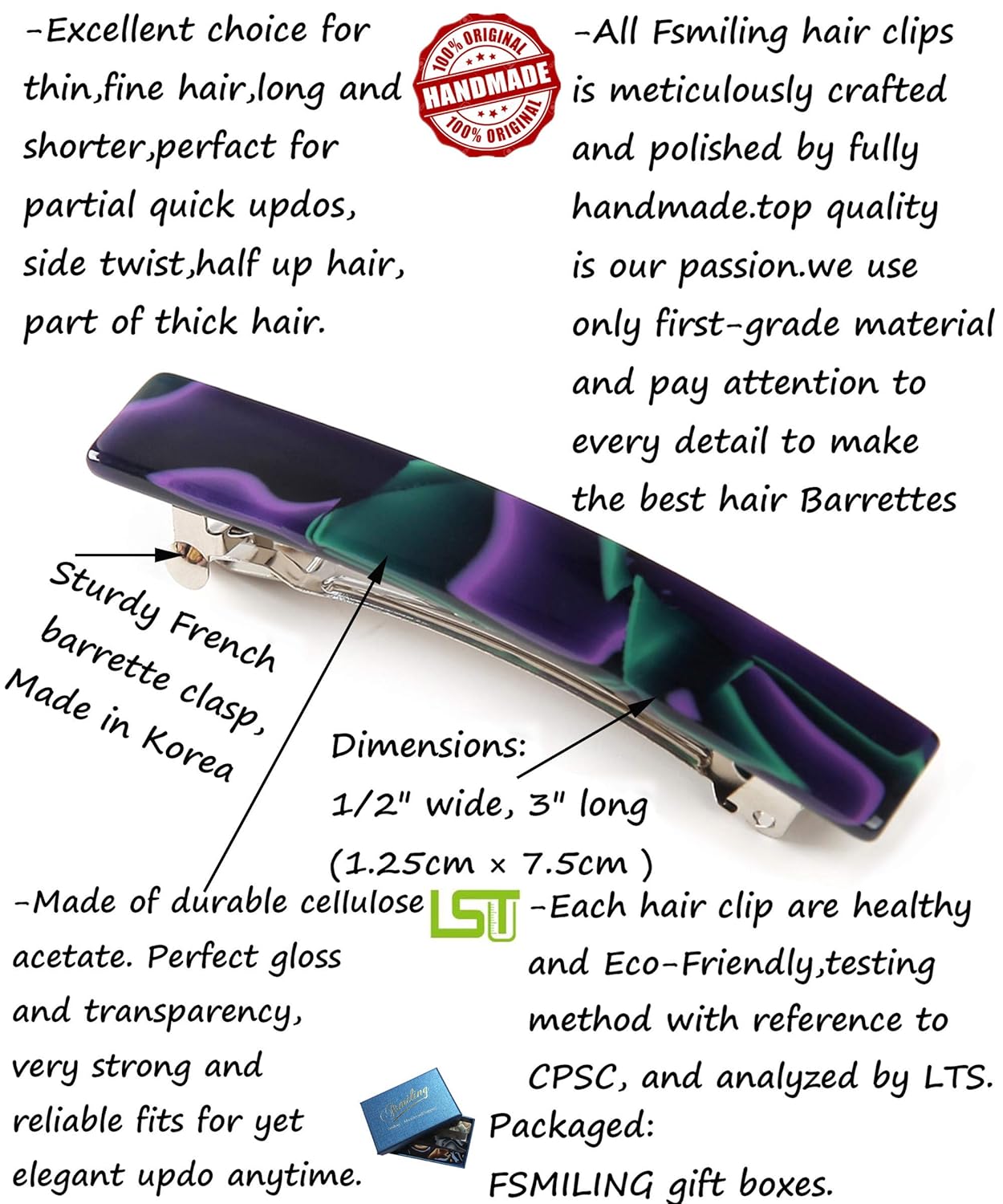 Fsmiling Hair Barrettes for Women French Hair Barrette Clip Small Acetate Hair Clips Barrette No Slip Hair Accessories 3-Pack