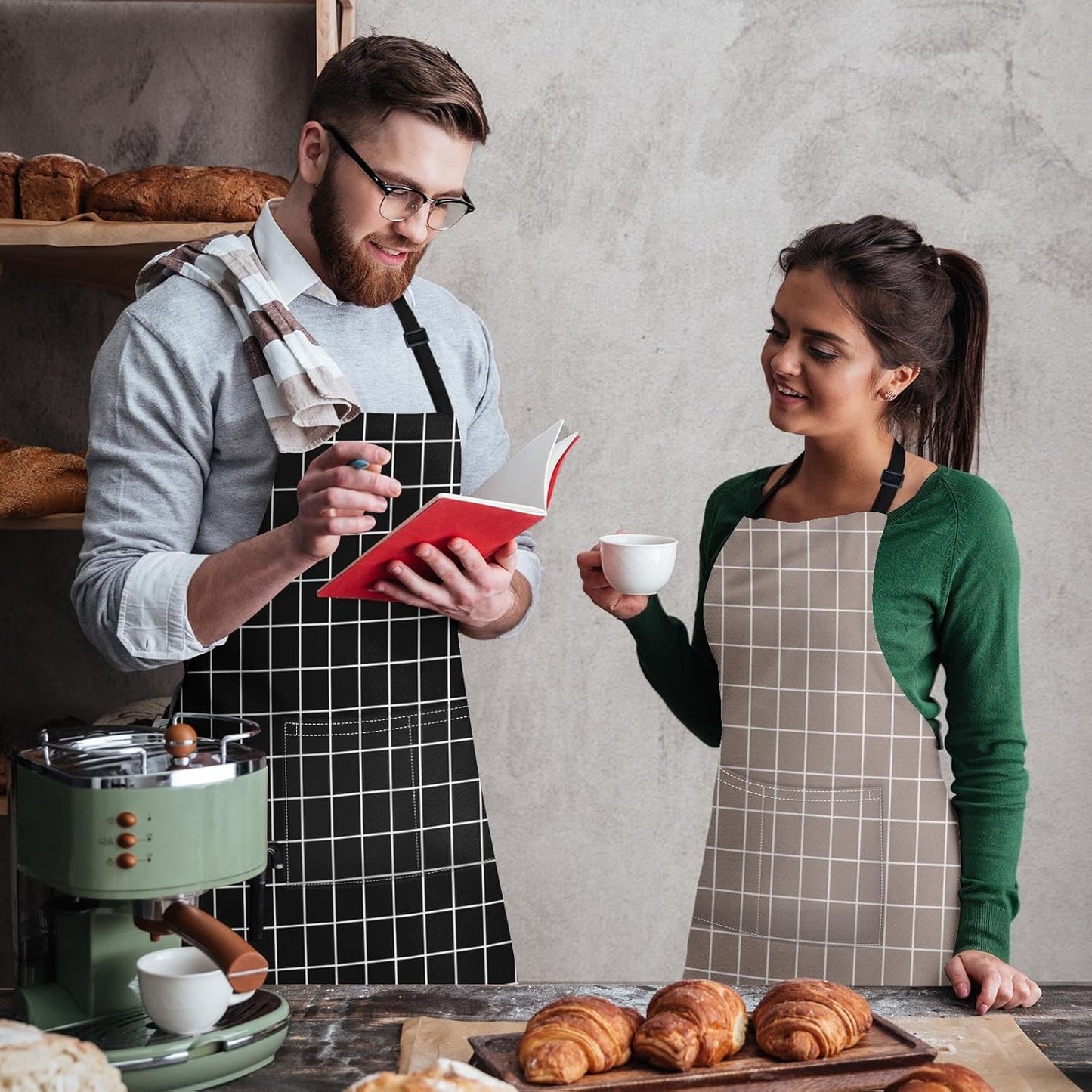 Britimes 2 Pack Aprons, Plaid Check Grid Taupe Adjustable Bib Aprons with 2 Pockets for Women Men Couple Lovers Chef Home Kitchen Cooking Baking Gardening Tan Black Apron 32x28 Inches