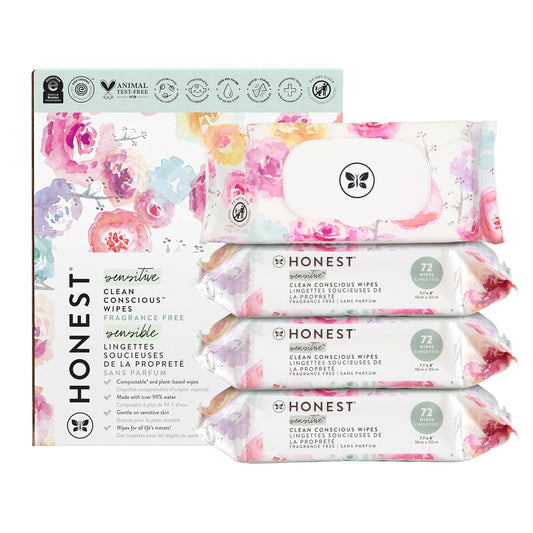 The Honest Company Clean Conscious Multi-Use Wipes, Unscented Hypoallergenic Baby Wipes for Sensitive Skin, 99% Water Plant-Based Compostable Wipes, Rose Blossom, 288 Count