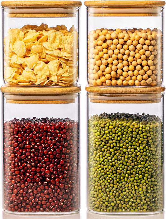 42oz & 27oz - 4 Pack Square Glass Jars with Bamboo Lids, Glass Food Storage Containers with Airtight Lids for Kitchen, Air Tight Pantry Storage Containers for Cereal, Pasta, Rice, Sugar, Coffee, Spice