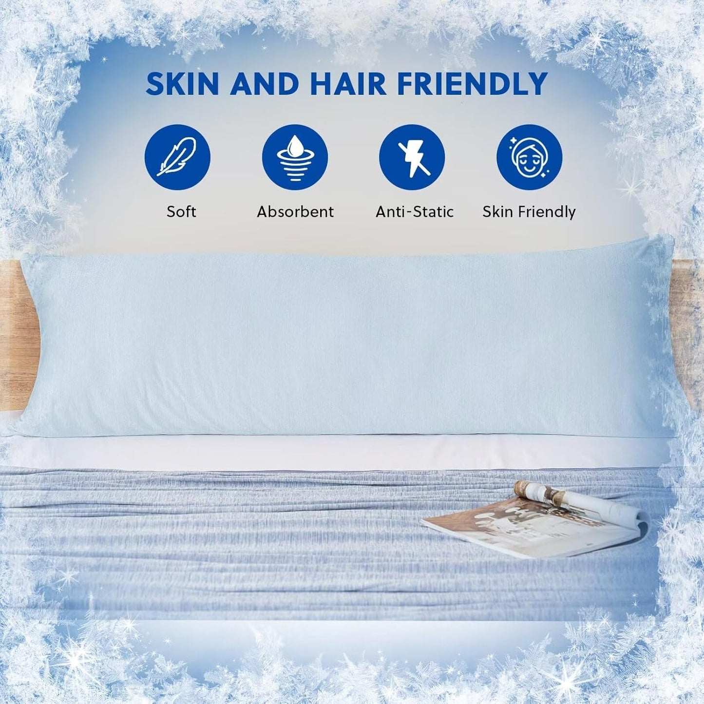 HOMFINE Cooling Pillowcase Body Size - Double Side Q-Max 0.439 Cooling Fiber for Pillow Protector, Breathable Long Cold Pillow Cover for Hot Sleeper Night Sweat, Zipper, 1 Pack (20"x54", Light Blue)
