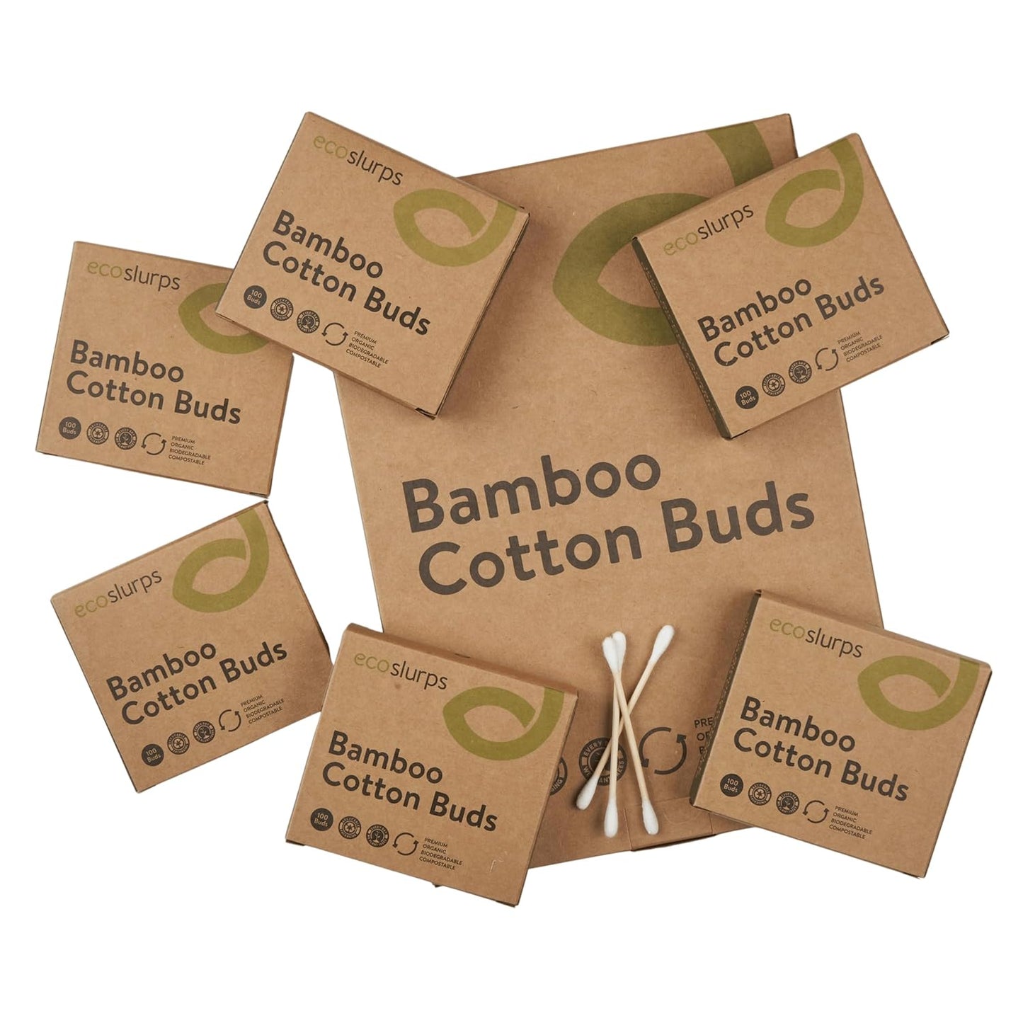 EcoSlurps 600 Bamboo Cotton Swabs - Large Family Box of Biodegradable Cotton Buds - Ecofriendly No Plastic In Each Cotton Bud Swab (6x100 Boxes)