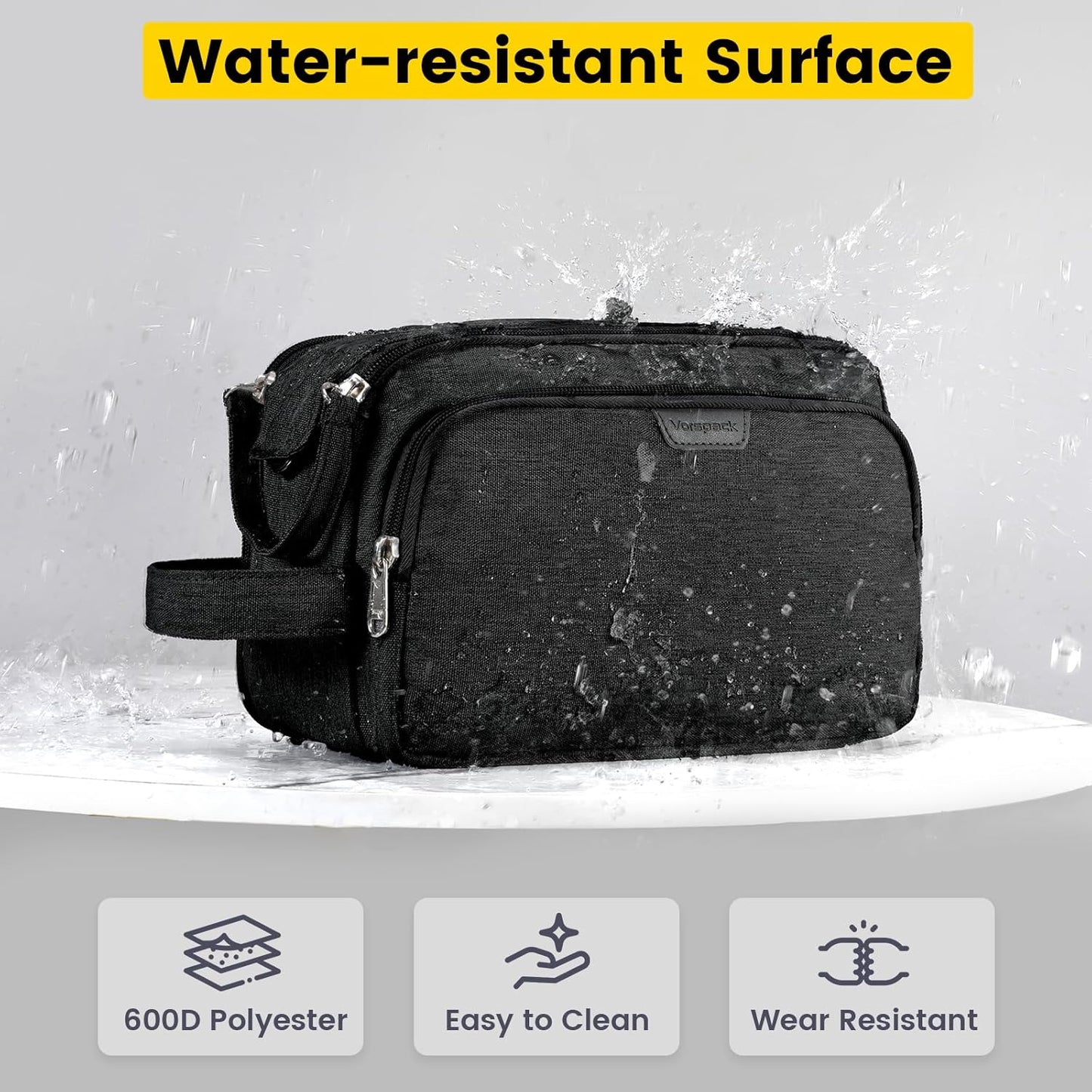 Vorspack Travel Toiletry Bag - Water Resistant Travel Bag for Toiletries, Cosmetics, Accessories, Gifts for Men - Black
