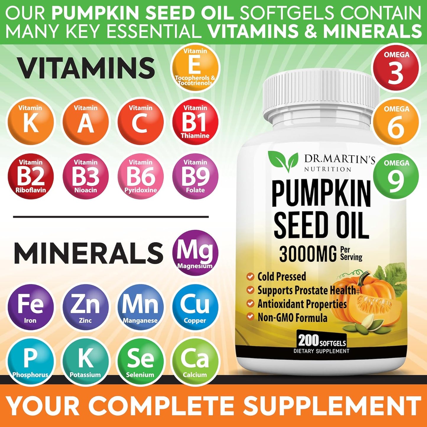 3000mg Cold Pressed Pumpkin Seed Oil | DHT Blocker | Promotes Hair Growth | Supports Heart, Skin, Prostate & Urinary Health | Contains Vitamins, Minerals & Omega 3, 6 & 9 For Anti-Aging | 200 Softgels