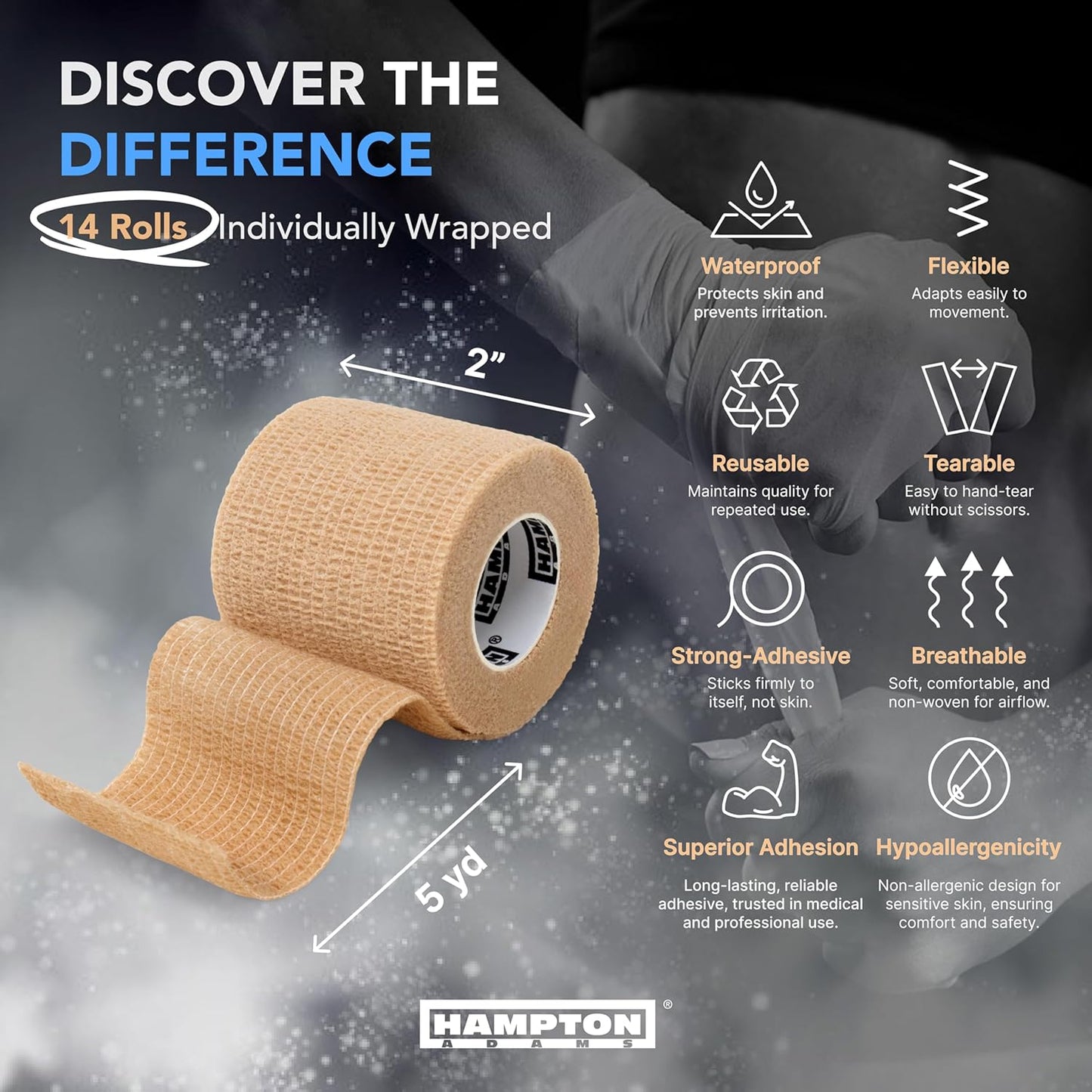 Hampton Adams | As Seen on Shark Tank | Self Adhesive Bandage Wrap (14-Pack) | 15ft | Pet Safe | Breathable Athletic Elastic Cohesive Bandage for Sports Injury Ankle Knee Wrist sprains (Beige)