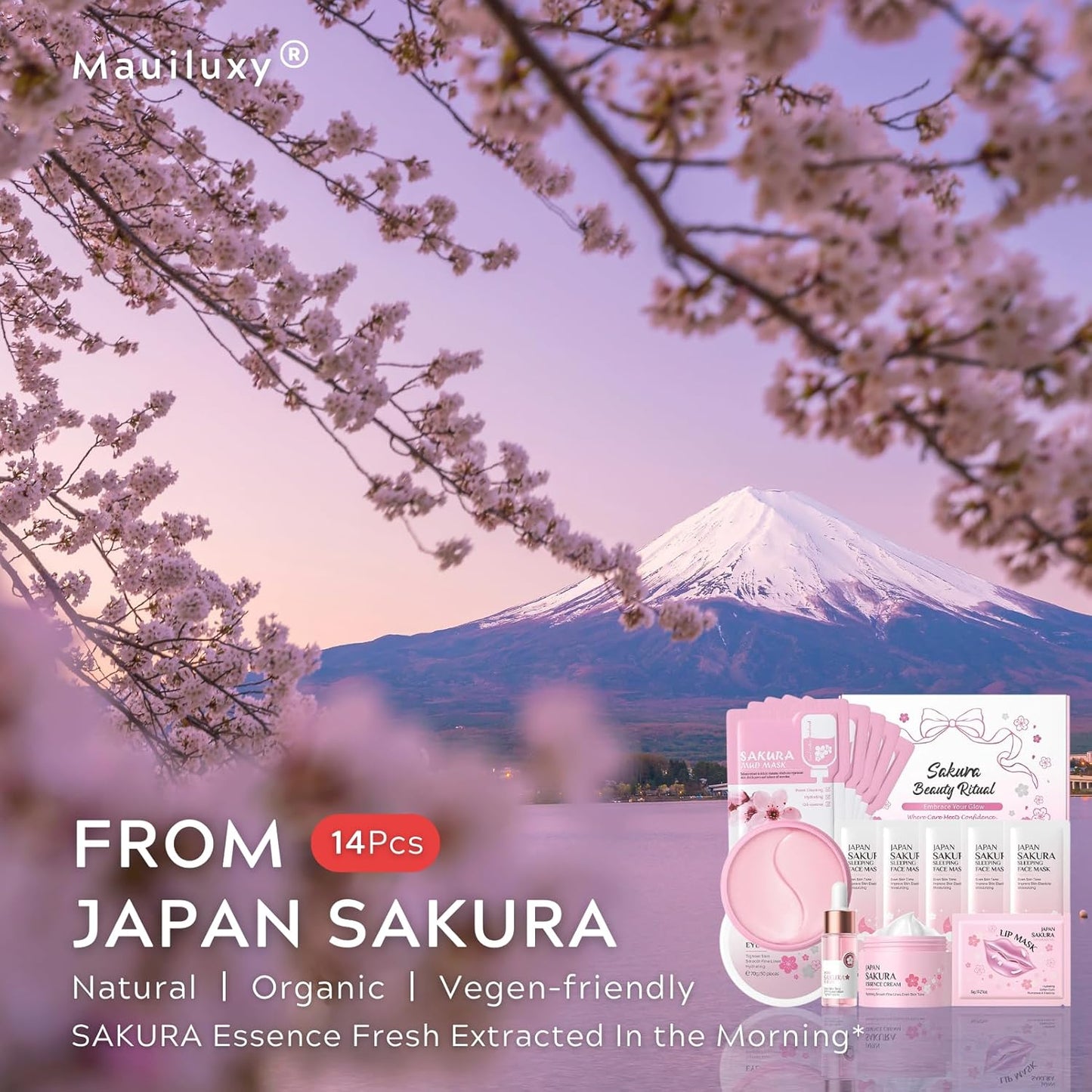 Sakura Skin Care Set for Teen Girls Gifts - Mauiluxy Skincare for Girls 10-12 Hydrating & Soften Skin, Skin Care Kit Gift Set for Women, Travel Size Facial Kit for Day & Overnight Care 14Pcs