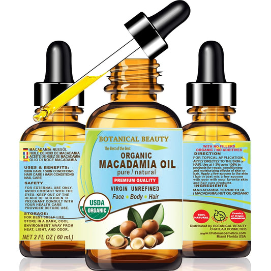 Botanical Beauty Organic MACADAMIA OIL 100% Pure Natural VIRGIN UNREFINED Cold-Pressed Carrier Oil for Face, Skin, Body, Hair, Lip, Nails. Rich in Vitamin E (2 Fl Oz)