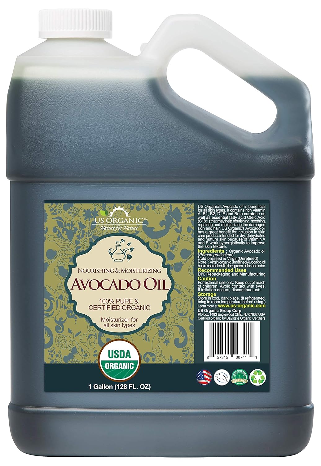 US Organic Avocado Oil Unrefined Virgin, USDA Certified Organic, 100% Pure & Natural, Cold Pressed, Size for DIY and small manufacturers (128 oz (1 Gallon))