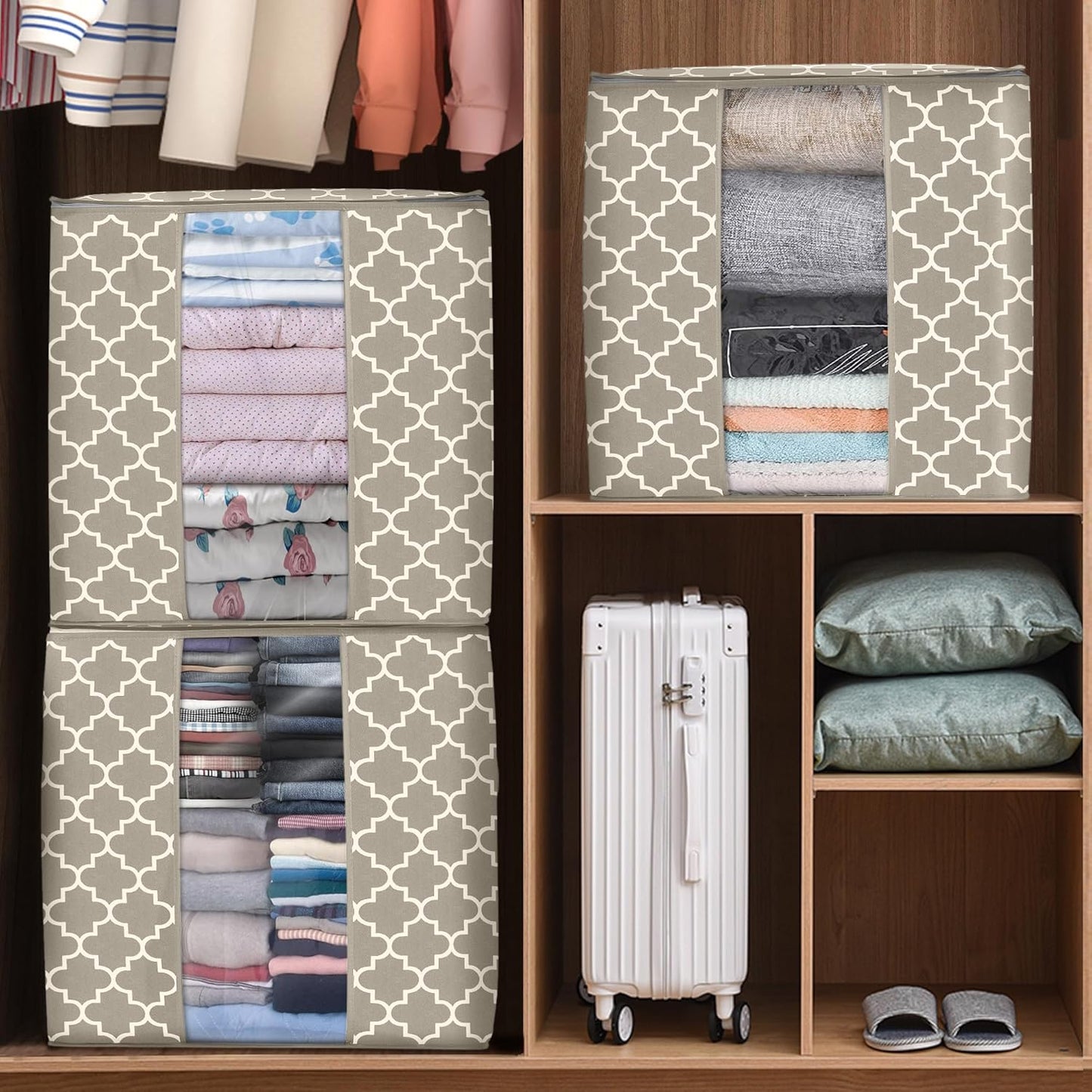 WISELIFE Storage Bags 2 Pack/100L Large Blanket Clothes Organization and Storage Containers for Comforters,Bedding, Foldable Organizer with Reinforced Handle, Clear Window, Sturdy Zippers,Beige