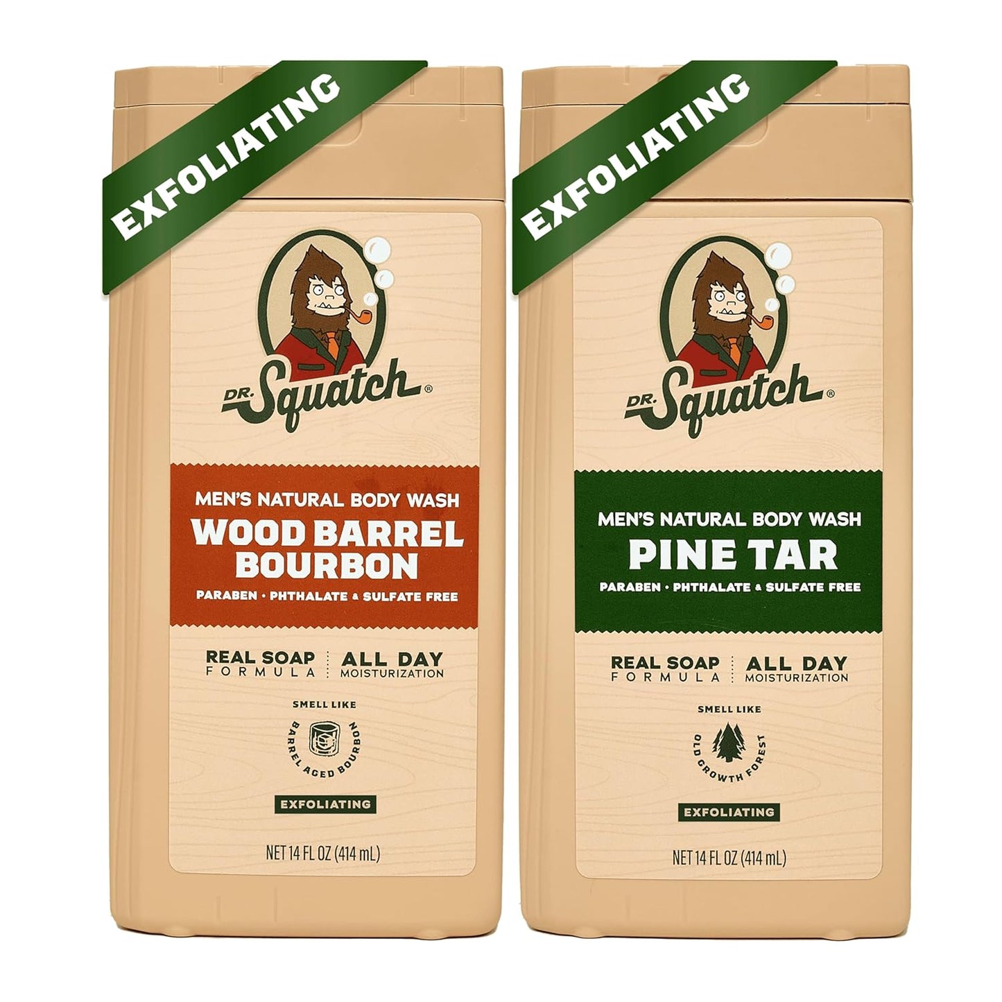 Dr. Squatch NEW Body Wash for Men with Nourishing, Natural Ingredients | No Paraben, Phthalate, Sulfate | All Day Moisture | Long Lasting Scent | Wood Barrel Bourbon & Pine Tar (14 oz, 2-Pack)