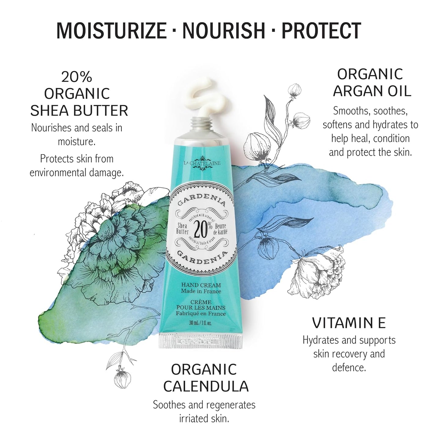 La Chatelaine 20% Shea Butter Hand Cream Travel Size, Organic Argan Oil, Moisturizing, Nourishing, Repairing, Extra-Rich Hand Lotion, Made in France, Paraben Free, 1 oz / 30ml (Gardenia)