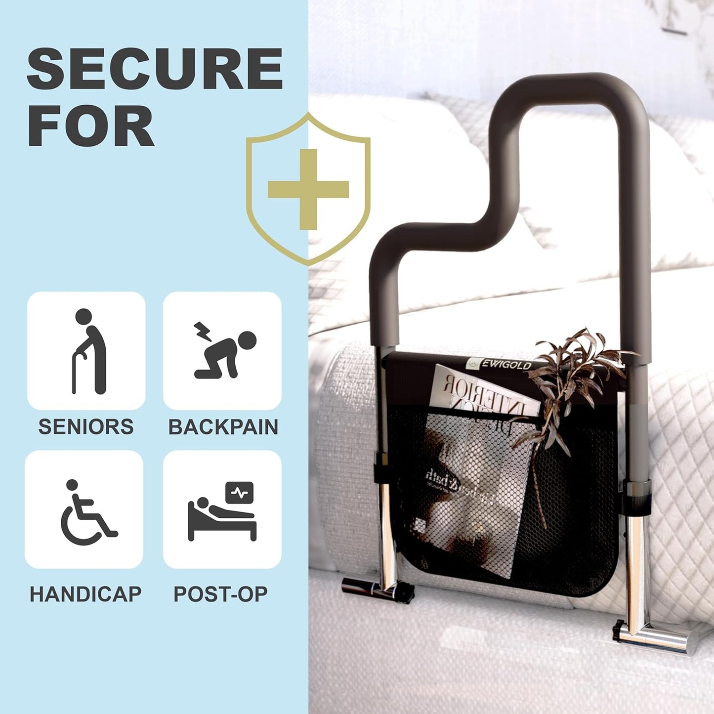 Dual-Bar Bed Rails for Elderly Adults Safety - Bed Rails with Height-Adjustable Handle - Bed Assist Rail with Storage Pocket - No Installation at All - Fit King, Queen, Full, Twin