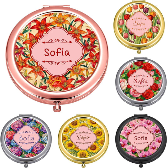 Custom Compact Mirror with Name - Personalized Flip Makeup Travel Pocket Mirror Gift for Women Bridesmaids Wedding Birthday (Romantic Flower)