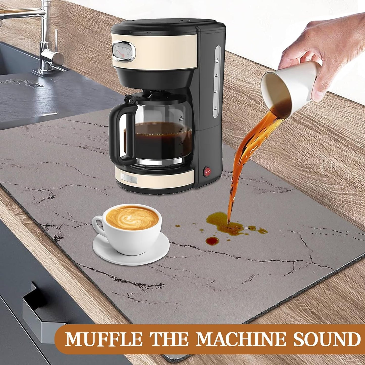 Dish Drying Mats for Kitchen Counter, 24"x16" Absorbent Coffee Bar Mat, Quick Dry Dish Rack Pad with Rubber Backed Non-Slip Marble Pattern Kitchen Counter Dish Draining Mat Easy to Clean (Gray)