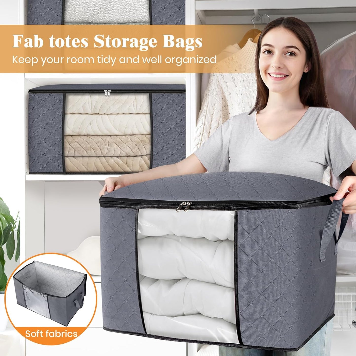 Fab totes 24 Gallons Clothes Storage, Foldable Thick Fabric Blanket Storage Bags, Containers for Organizing Bedroom, Closet, Clothing, Comforter, Organization with Handle (10 Pack,Grey)
