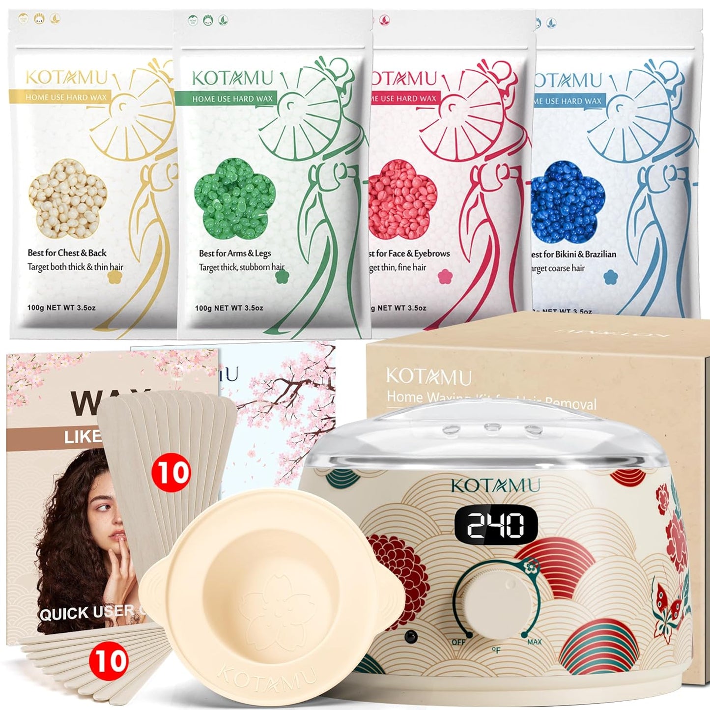 KOTAMU Waxing Kit for Women & Men, Wax Warmer for Hair Removal, Digital Wax Kit with Silicone Pot,Ideal for Face Eyebrow Arm Legs Armpit &Sensitive Skin, Lucum Waxing Machine for Home Salon Use