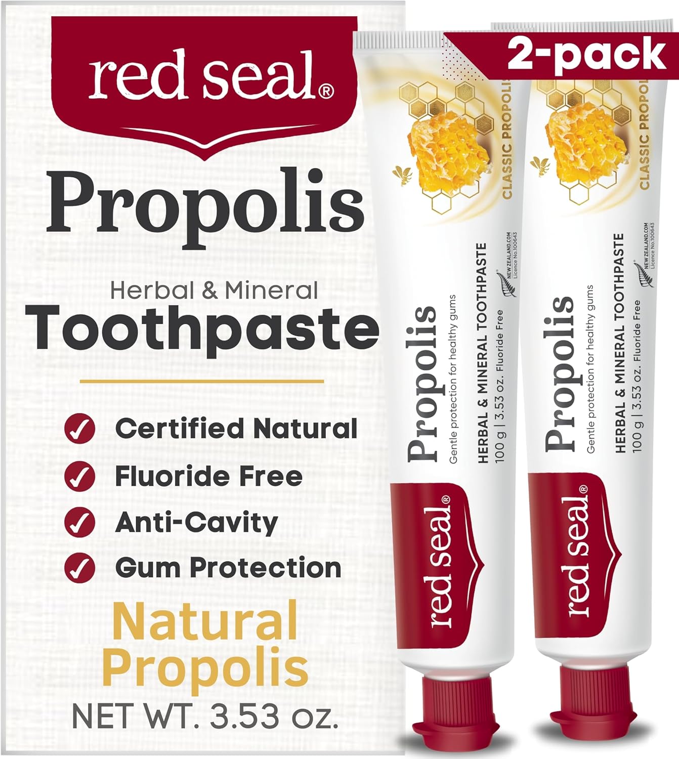 Red Seal Propolis Herbal & Mineral Natural Toothpaste - Fluoride Free, Organic, NATRUE Certified Natural- Supports Natural Gum Health and Oral Hygiene, Prevents Plaque, Vegan, Cruelty-Free (2)