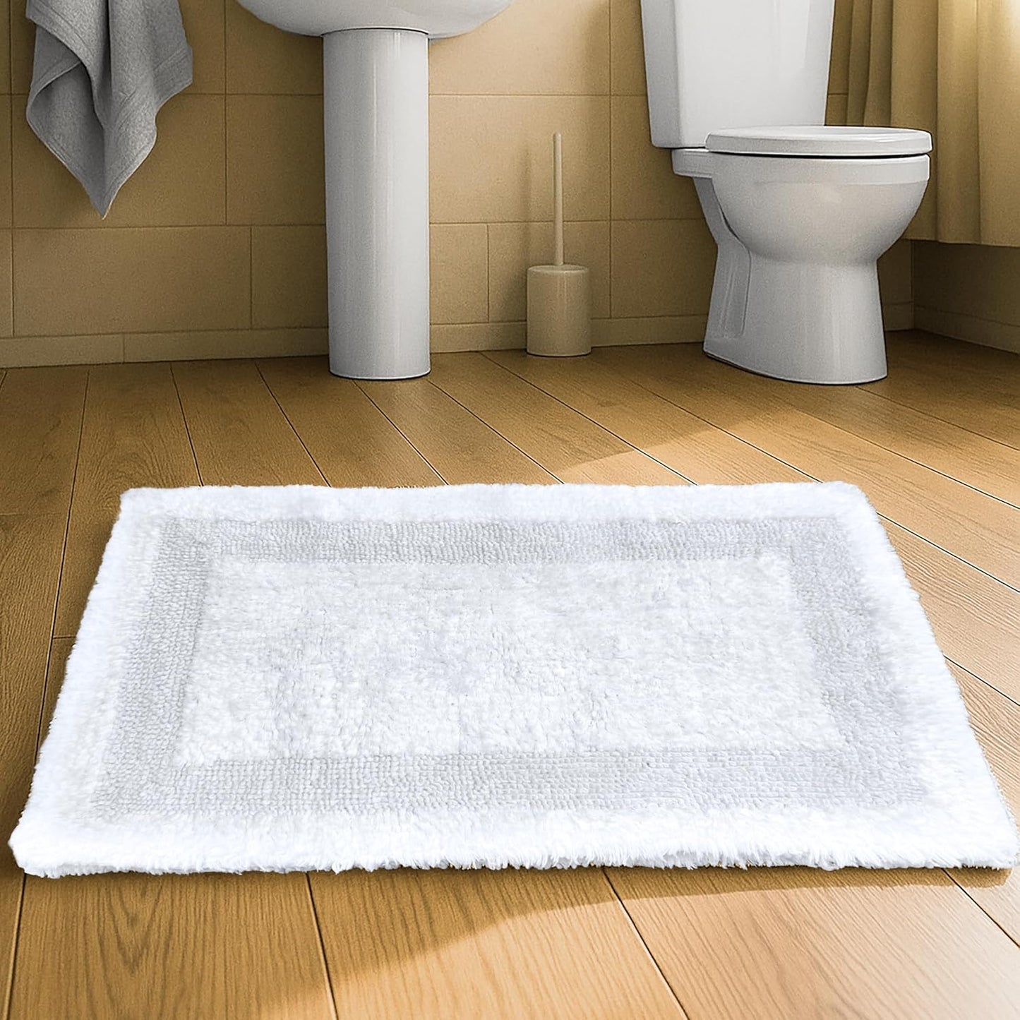 THE BEER VALLEY Bath Rugs Set 2 Piece White Cotton Tufted Reversible Washable Bath Mats for Bathroom Floor| Quick Dry Bathroom Mat for Tub Spa Shower Toilet| Entry Way Door Mats|21x32 & 17x24 Inches