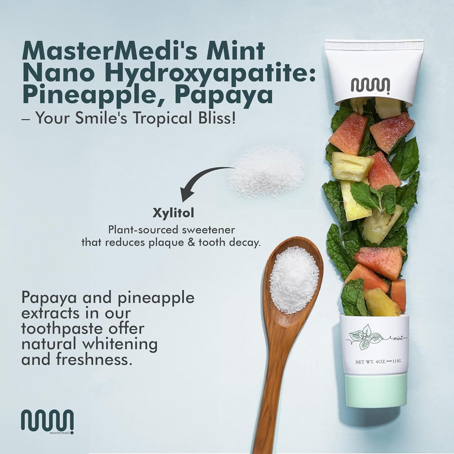 MasterMedi Nano Hydroxyapatite Toothpaste (Inspired by 10% nHA Formulas), Fluoride-Free, Whitening, Sensitive Teeth Care, Enamel Support, SLS Free, Xylitol, Magic Mint, 4 Oz (Pack of 1)