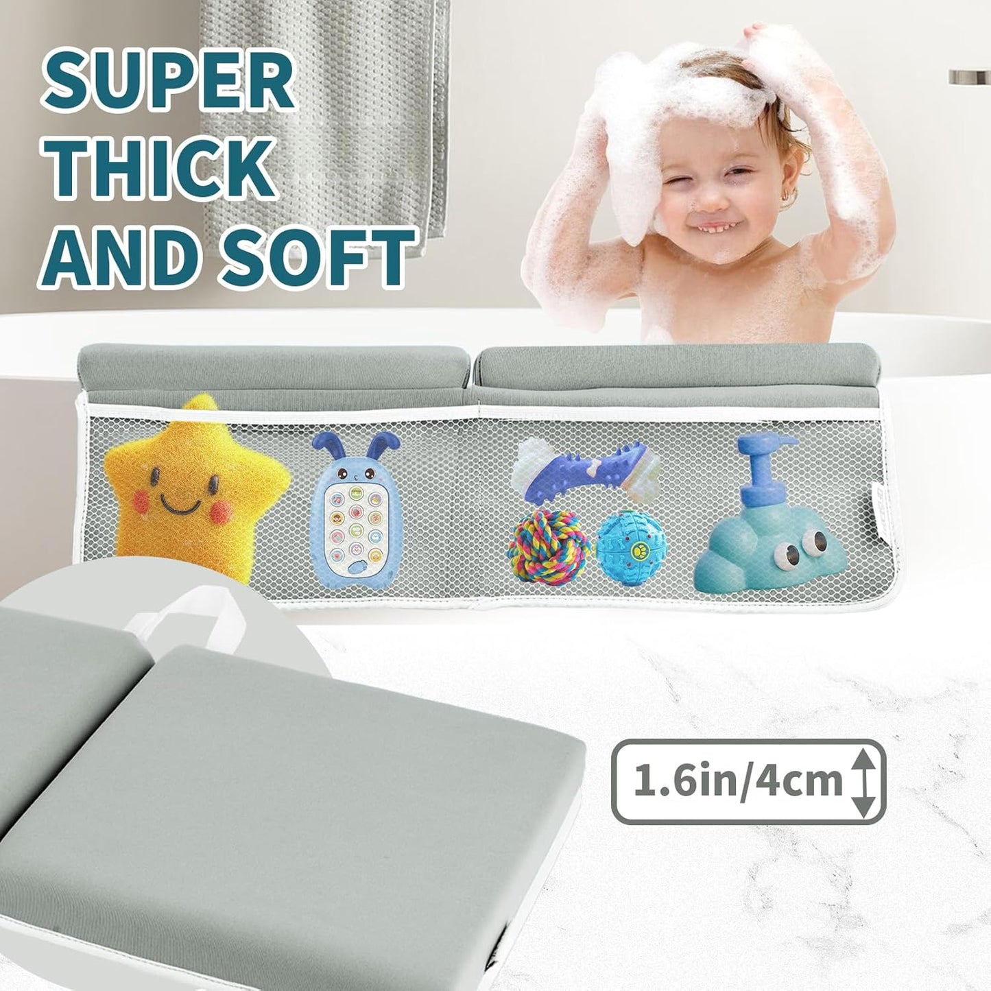 Bath Kneeler and Elbow Rest Pad, Thick Quick Dry Kneeling Pad, Elbow Support, Large Bathtub Kneeling Mat with Toy Organizer for Baby Bathing (Grey)